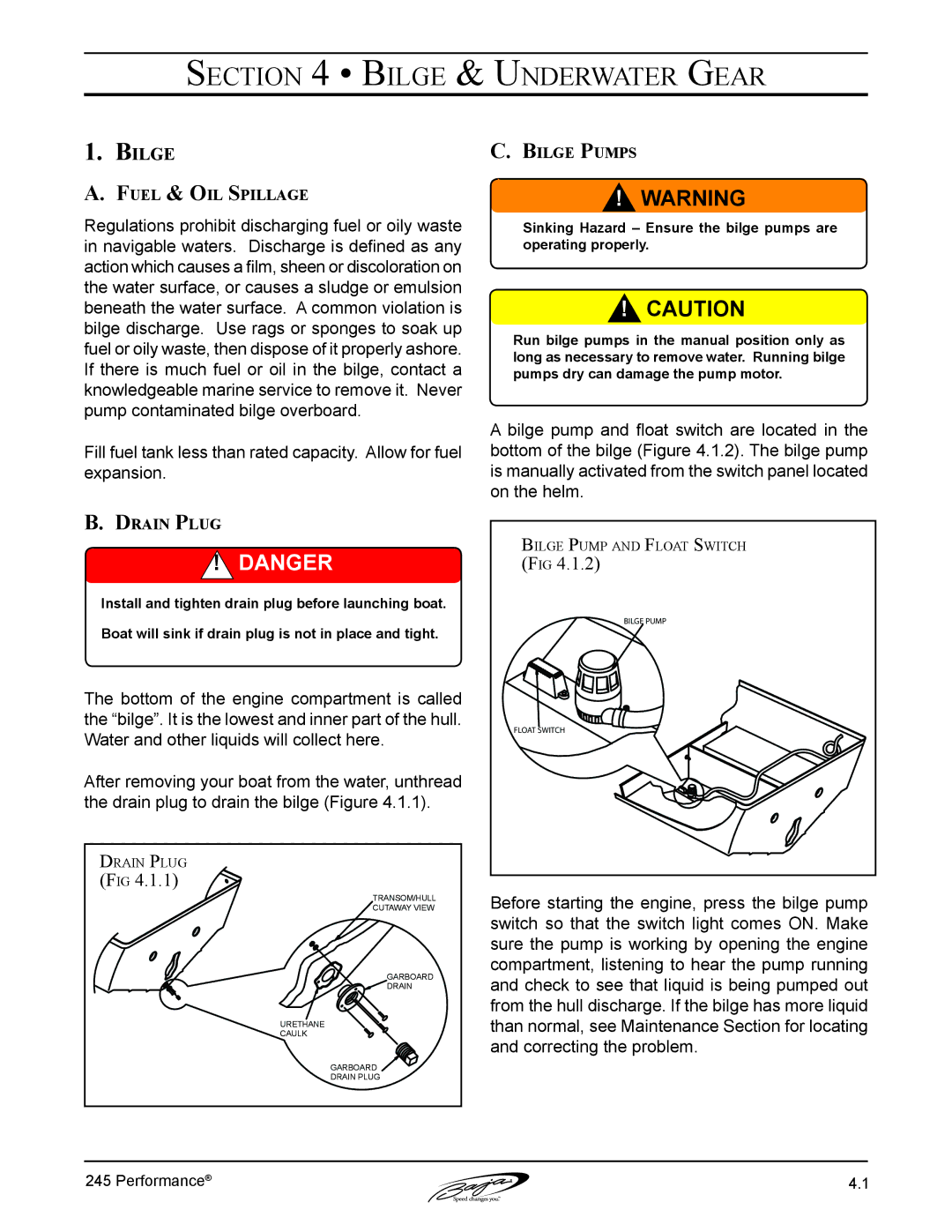 Baja Marine 245 manual Bilge & Underwater Gear, Fuel & Oil Spillage, Bilge Pumps, Drain Plug 