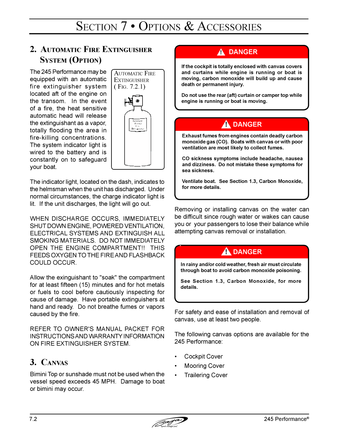 Baja Marine 245 manual Automatic Fire Extinguisher System Option, Canvas 