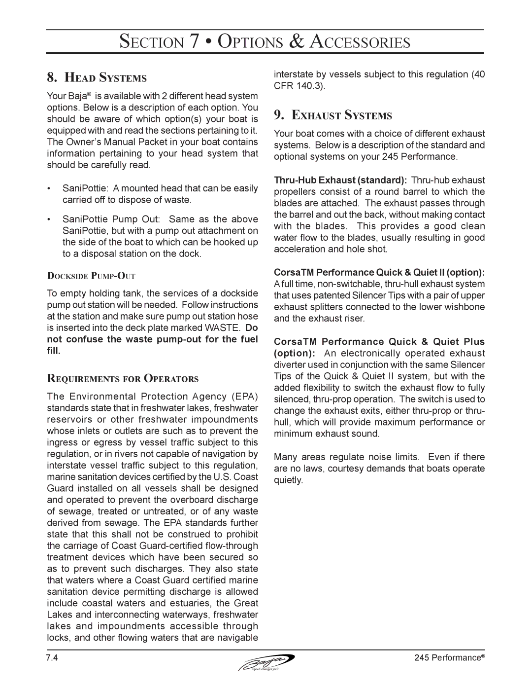 Baja Marine 245 manual Head Systems, Exhaust Systems, Requirements for Operators 