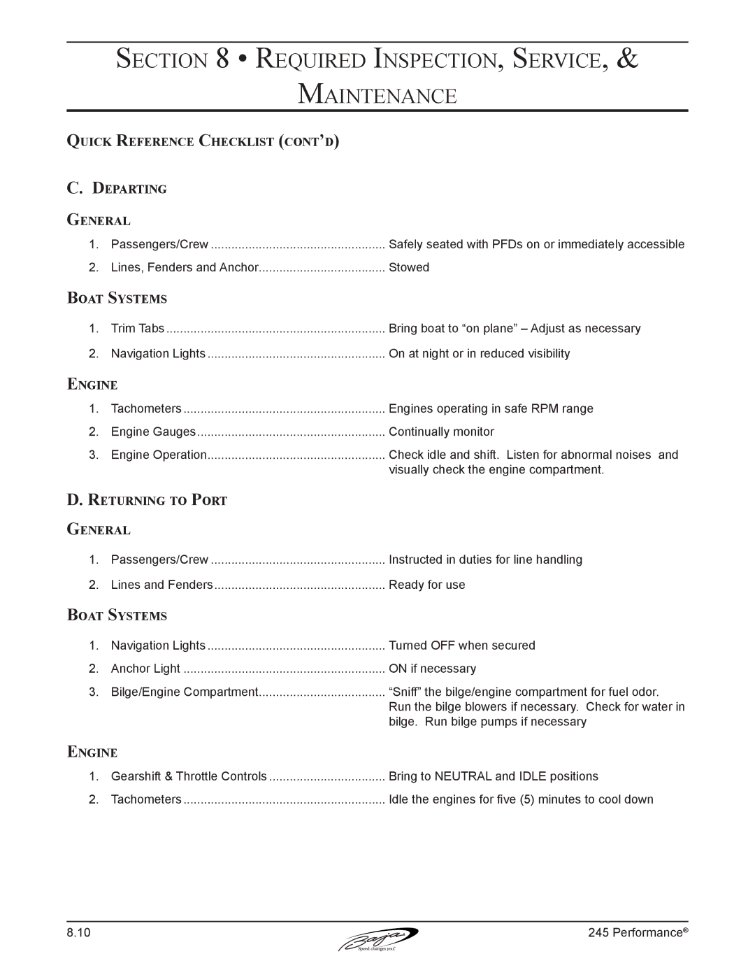 Baja Marine 245 manual Quick Reference Checklist cont’d Departing General, Returning to Port General 