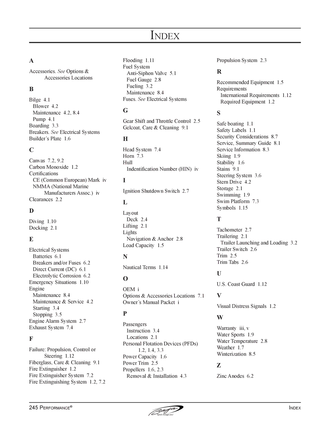 Baja Marine 245 manual Index 