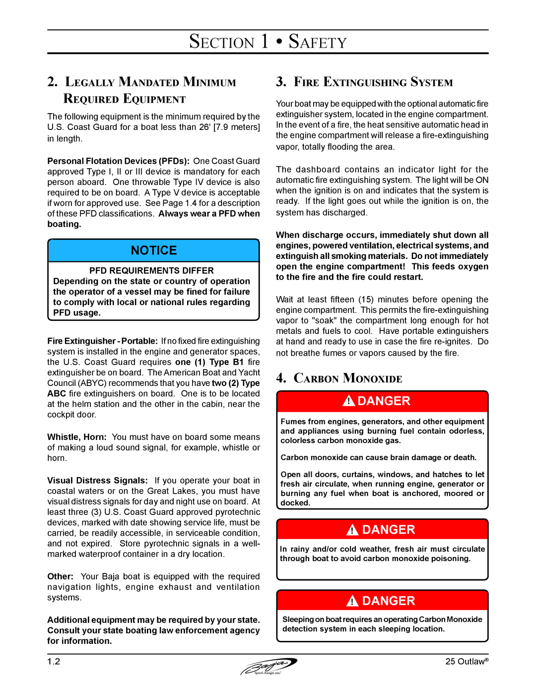 Baja Marine 25 manual Legally Mandated Minimum Required Equipment, Fire Extinguishing System, Carbon Monoxide 