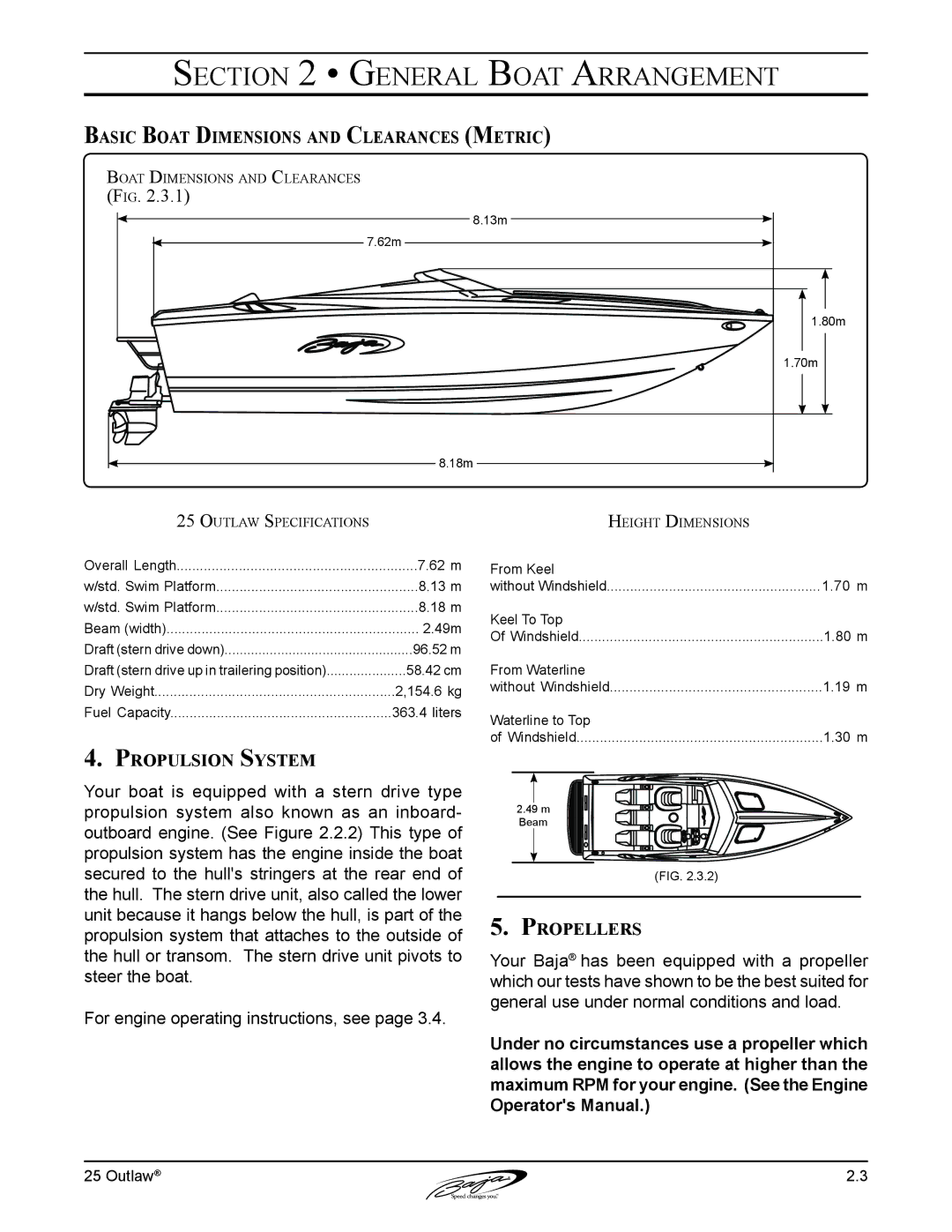 Baja Marine 25 manual Basic Boat Dimensions and Clearances Metric, Propulsion System 