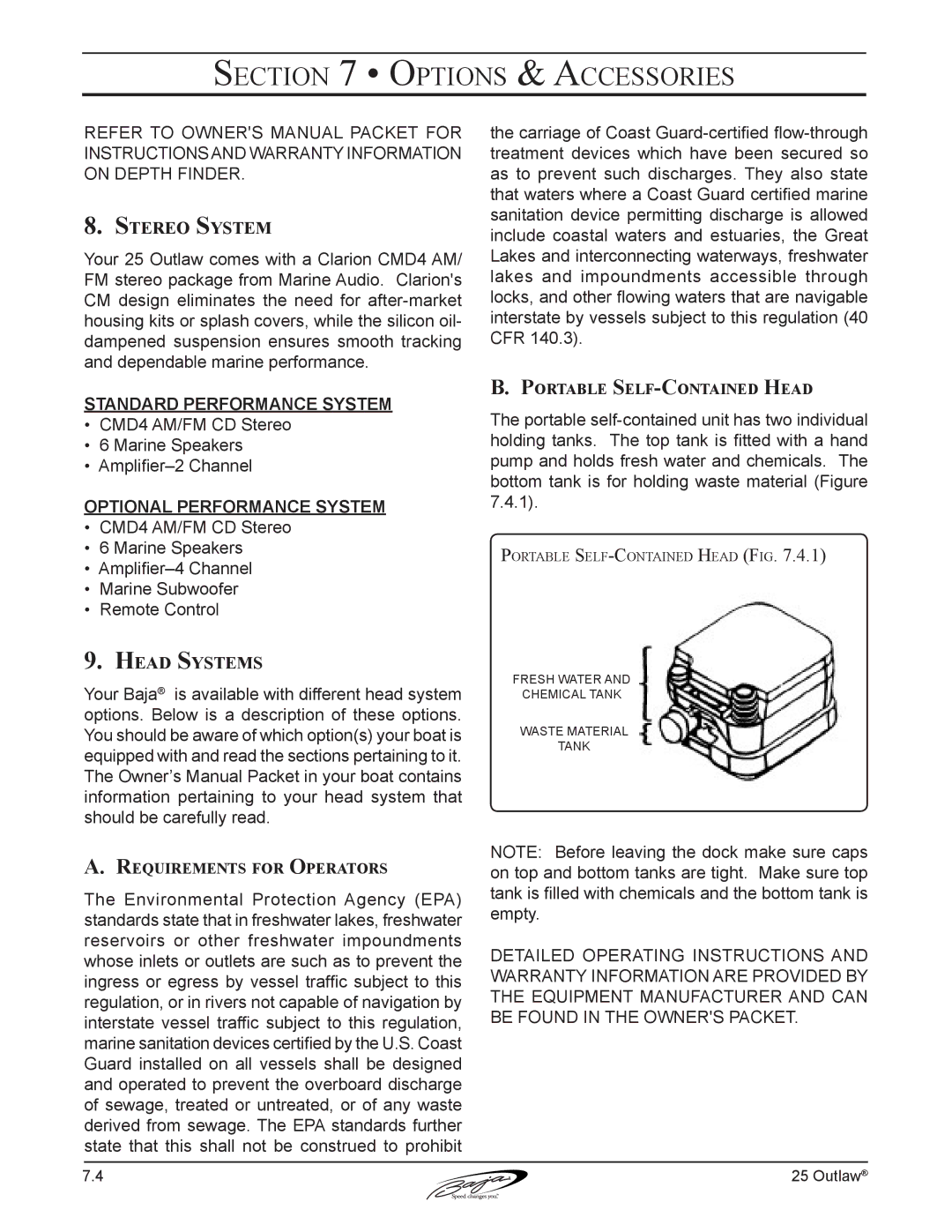 Baja Marine 25 manual Stereo System, Head Systems, Portable Self-Contained Head, Requirements for Operators 