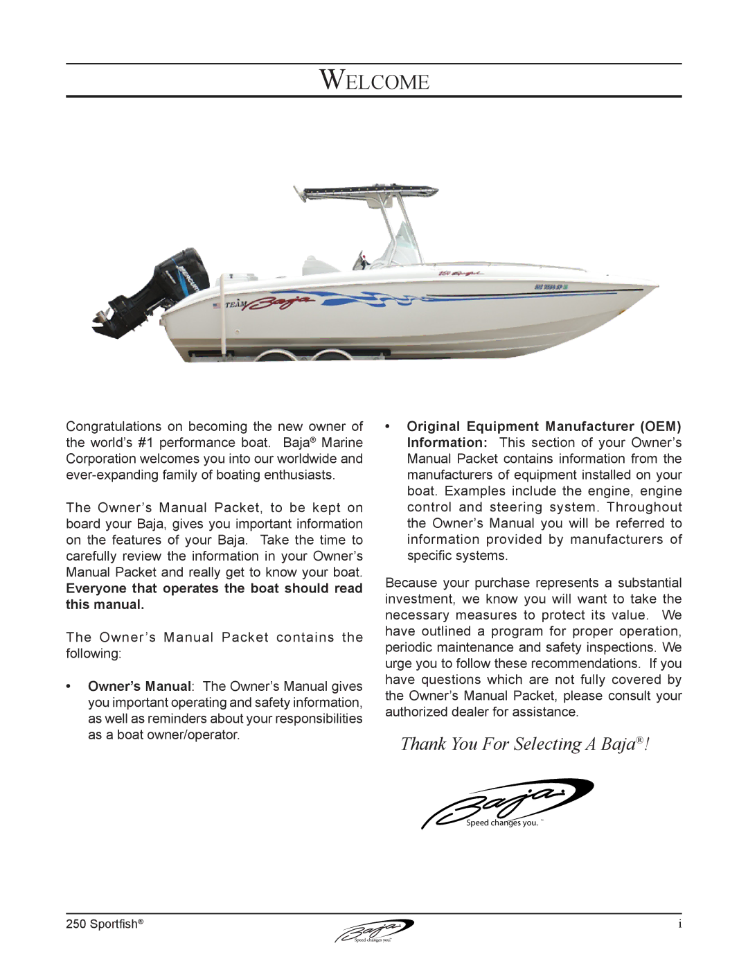 Baja Marine 250 manual Welcome 