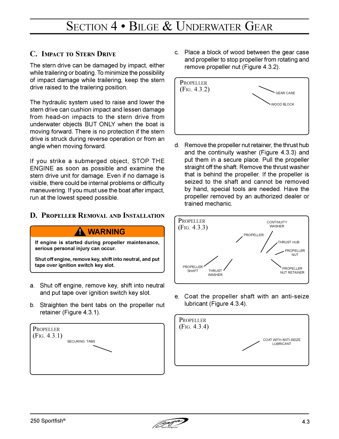 Baja Marine 250 manual Impact to Stern Drive, Propeller Removal and Installation 
