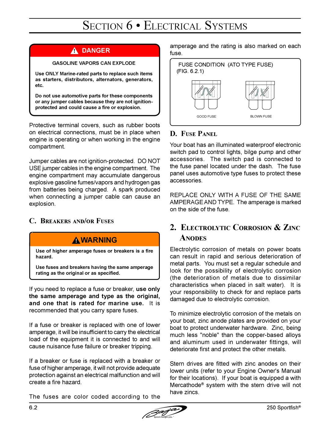 Baja Marine 250 manual Electrolytic Corrosion & Zinc Anodes, Breakers and/or Fuses, Fuse Panel 