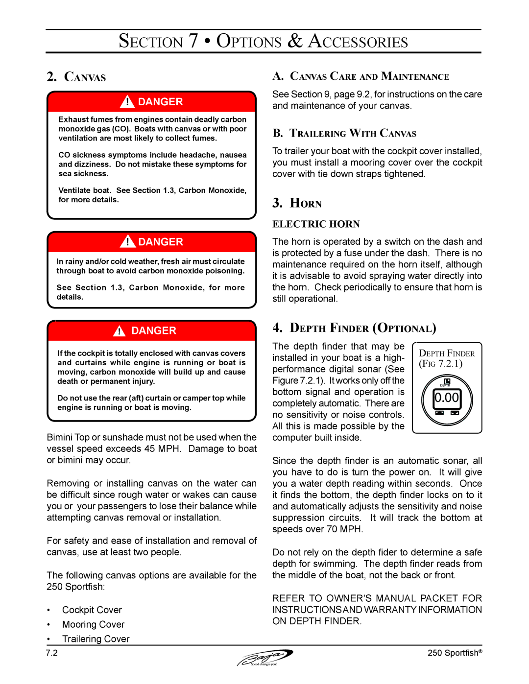 Baja Marine 250 manual Horn, Depth Finder Optional, Canvas Care and Maintenance, Trailering With Canvas 