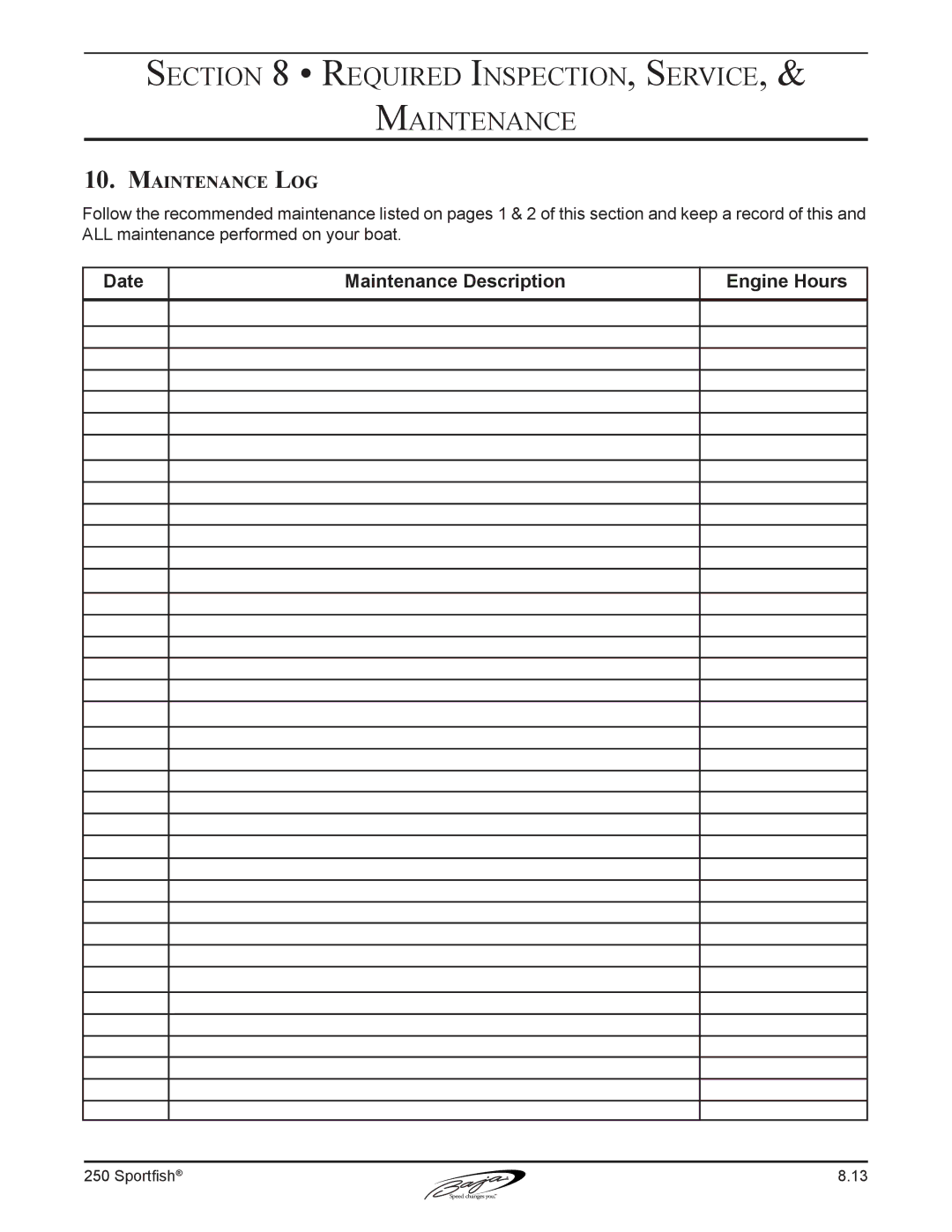 Baja Marine 250 manual Maintenance Log 