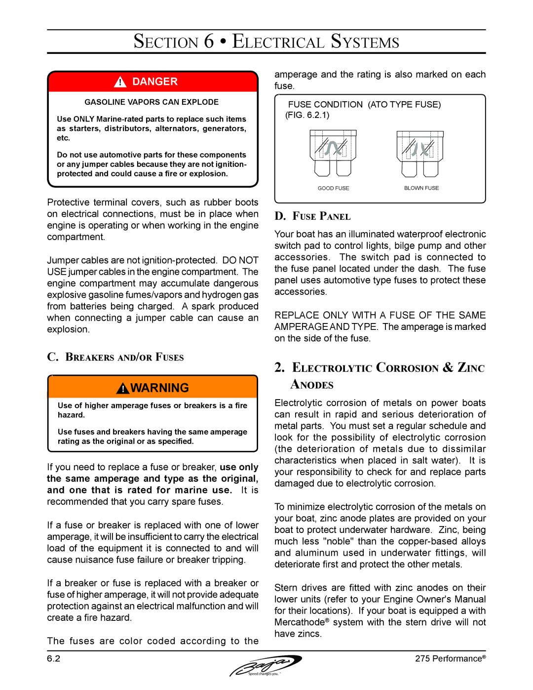 Baja Marine 275 manual Electrolytic Corrosion & Zinc Anodes, Breakers and/or Fuses, Fuse Panel 