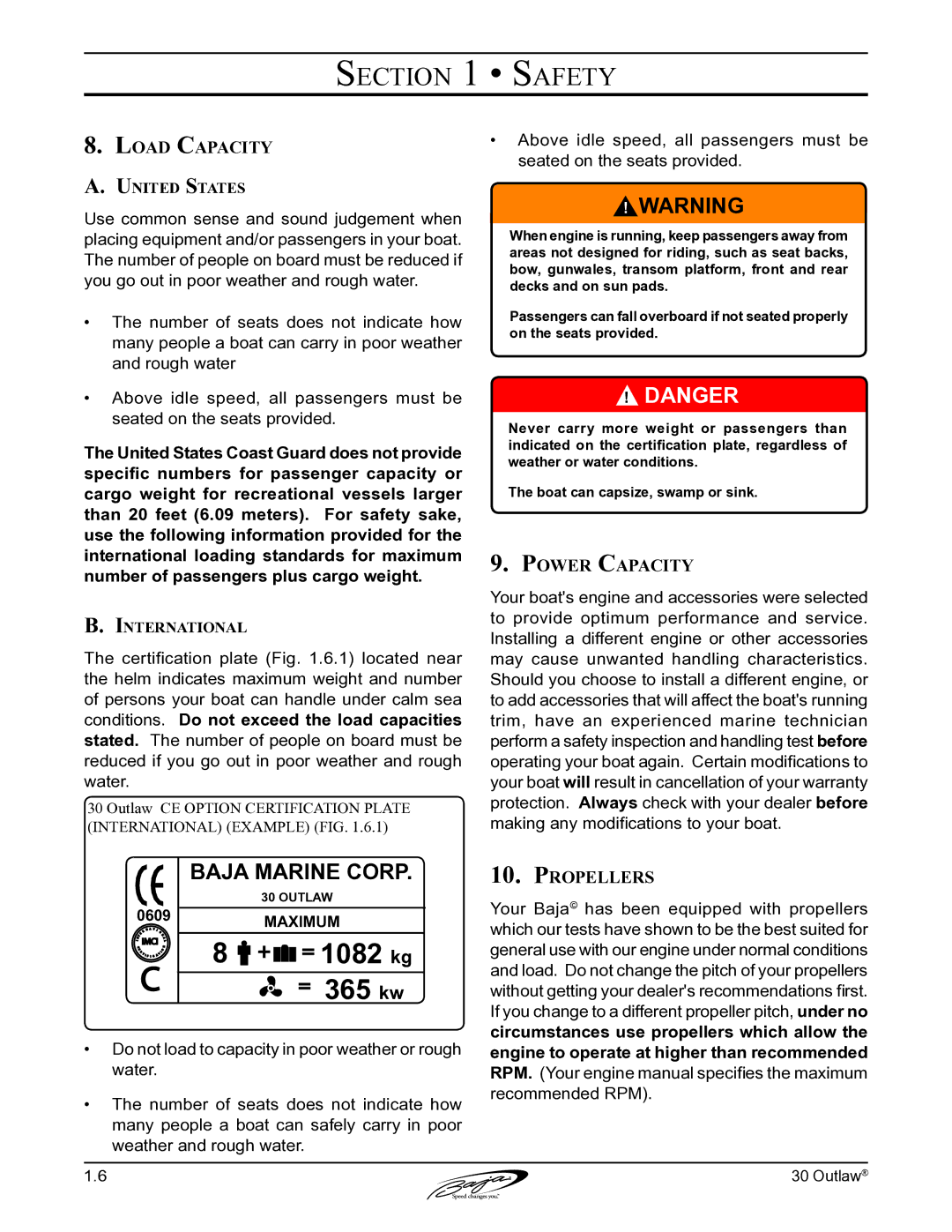 Baja Marine 30 manual Load Capacity, Power Capacity, Propellers, United States, International 
