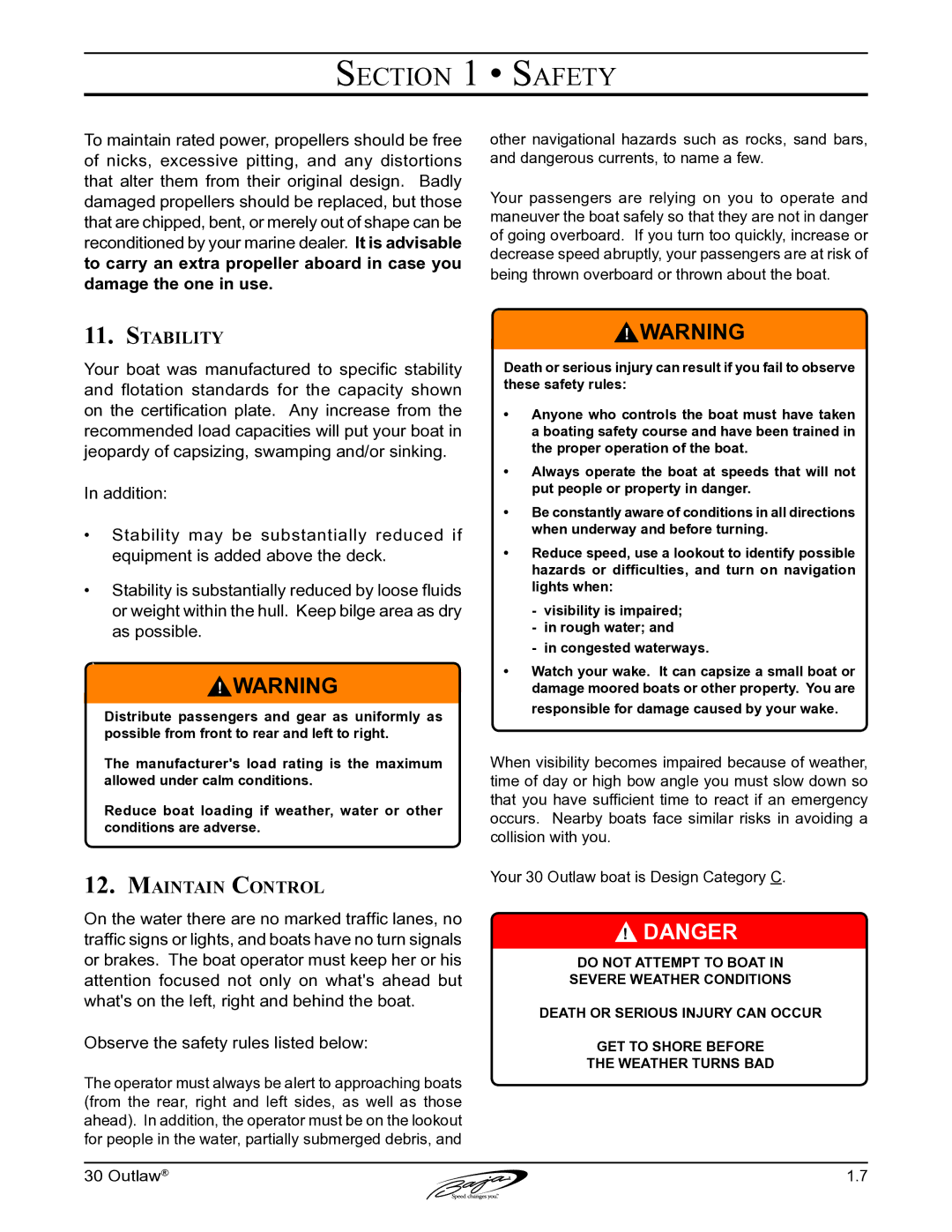 Baja Marine 30 manual Stability, Maintain Control 