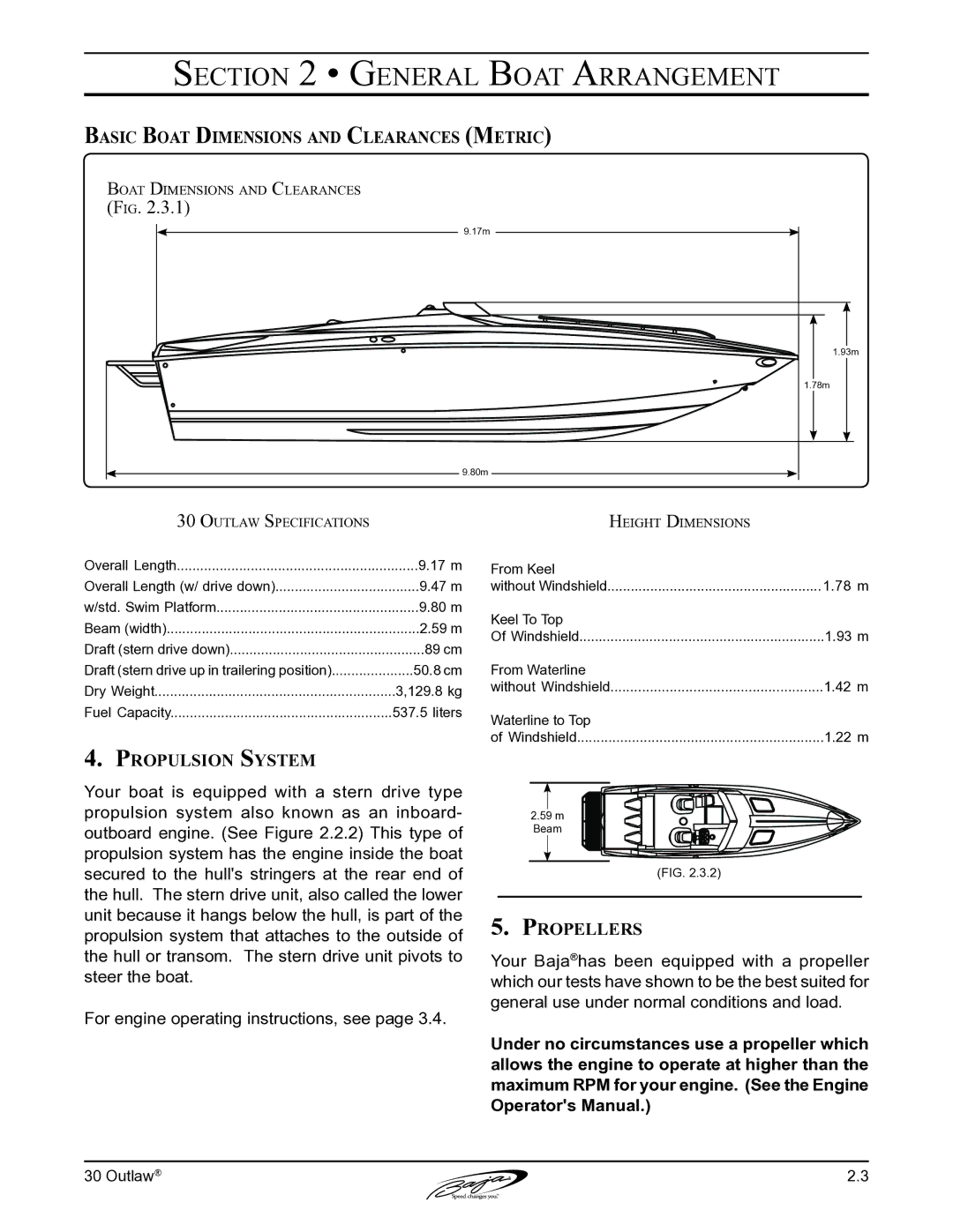 Baja Marine 30 manual Basic Boat Dimensions and Clearances Metric, Propulsion System 