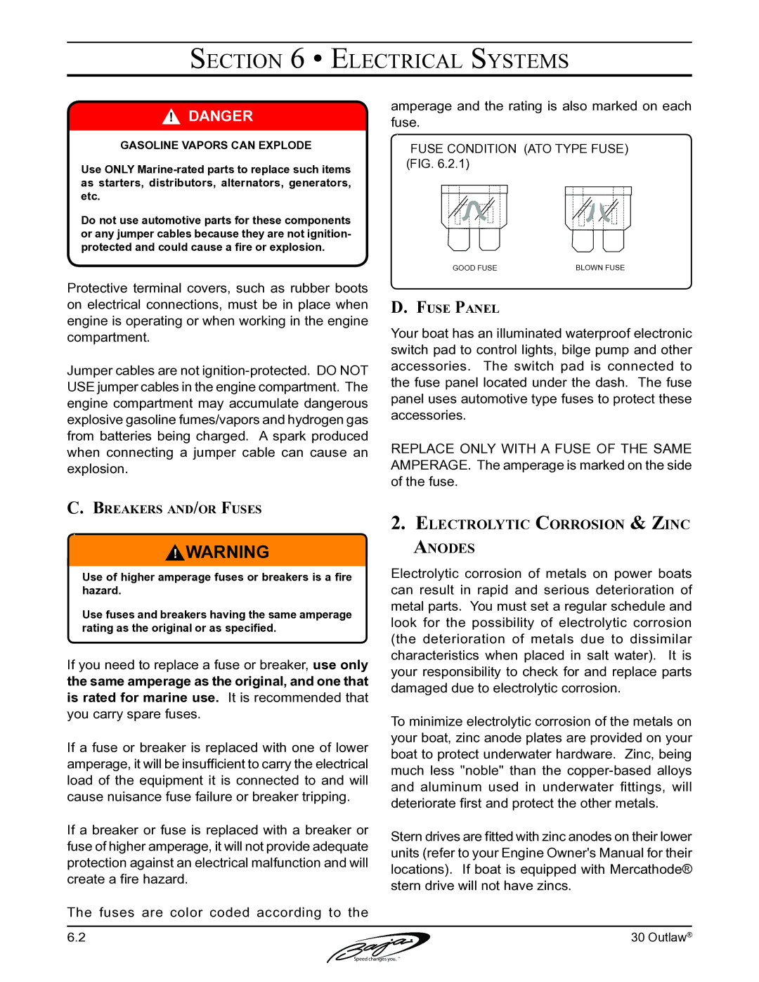 Baja Marine 30 manual Electrolytic Corrosion & Zinc Anodes, Breakers and/or Fuses, Fuse Panel 