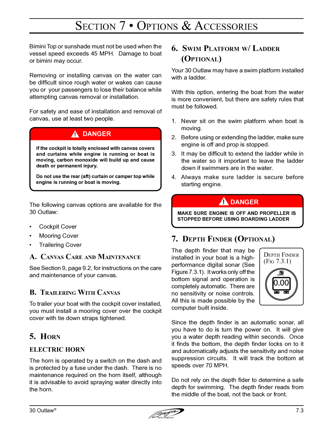 Baja Marine 30 manual Swim Platform w/ Ladder Optional, Depth Finder Optional, Horn, Canvas Care and Maintenance 