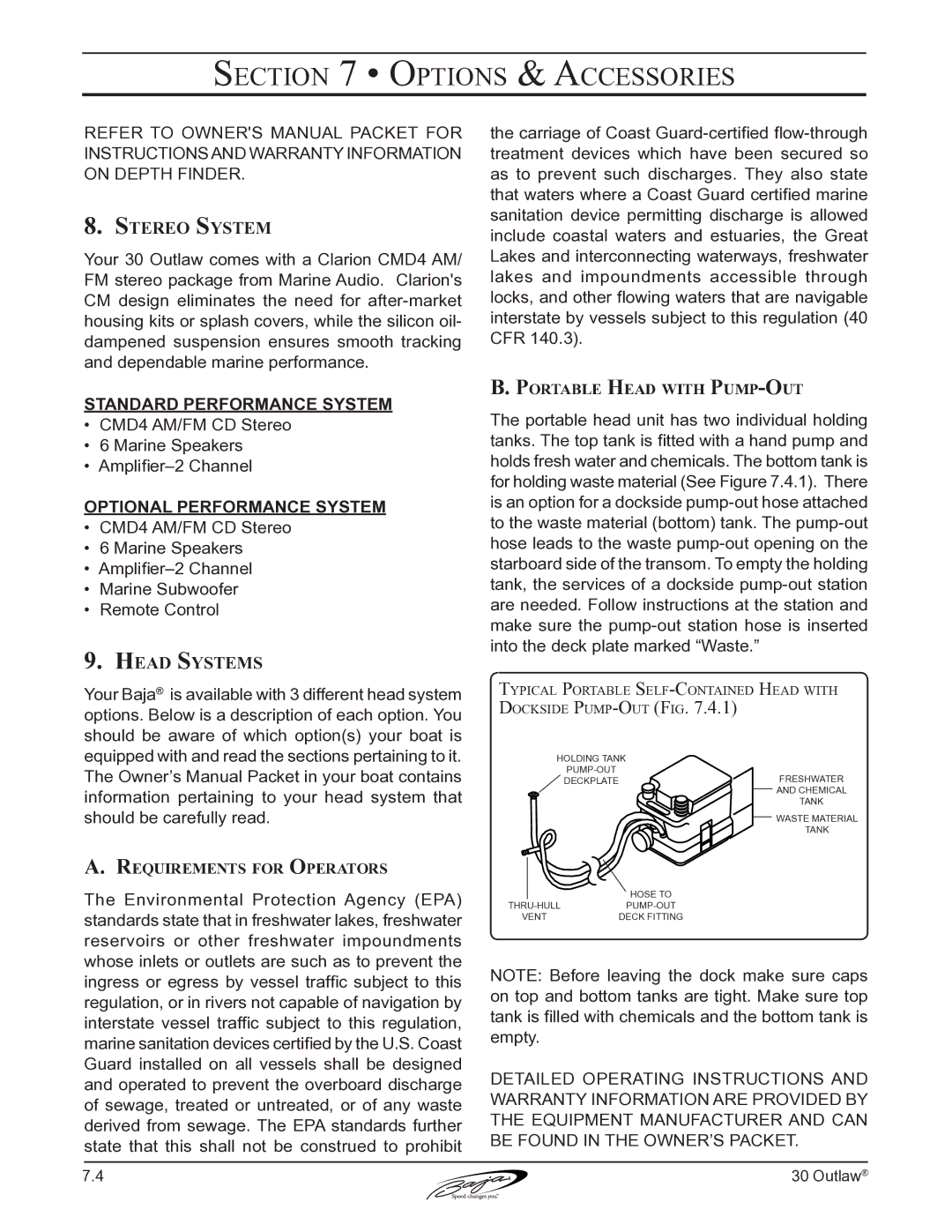 Baja Marine 30 manual Stereo System, Head Systems, Portable Head with Pump-Out, Requirements for Operators 