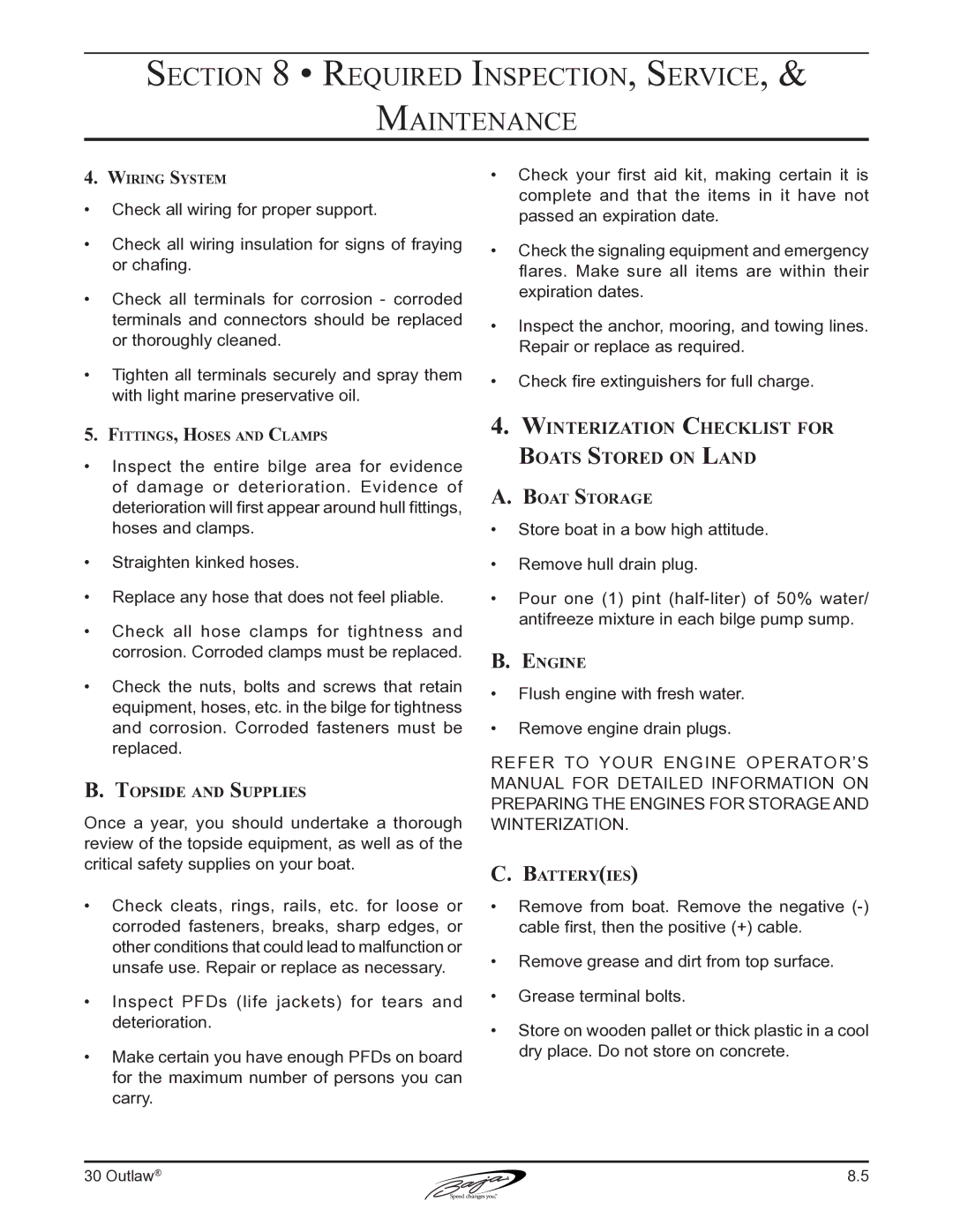 Baja Marine 30 Winterization Checklist for Boats Stored on Land, Topside and Supplies, Boat Storage, Engine, Batteryies 