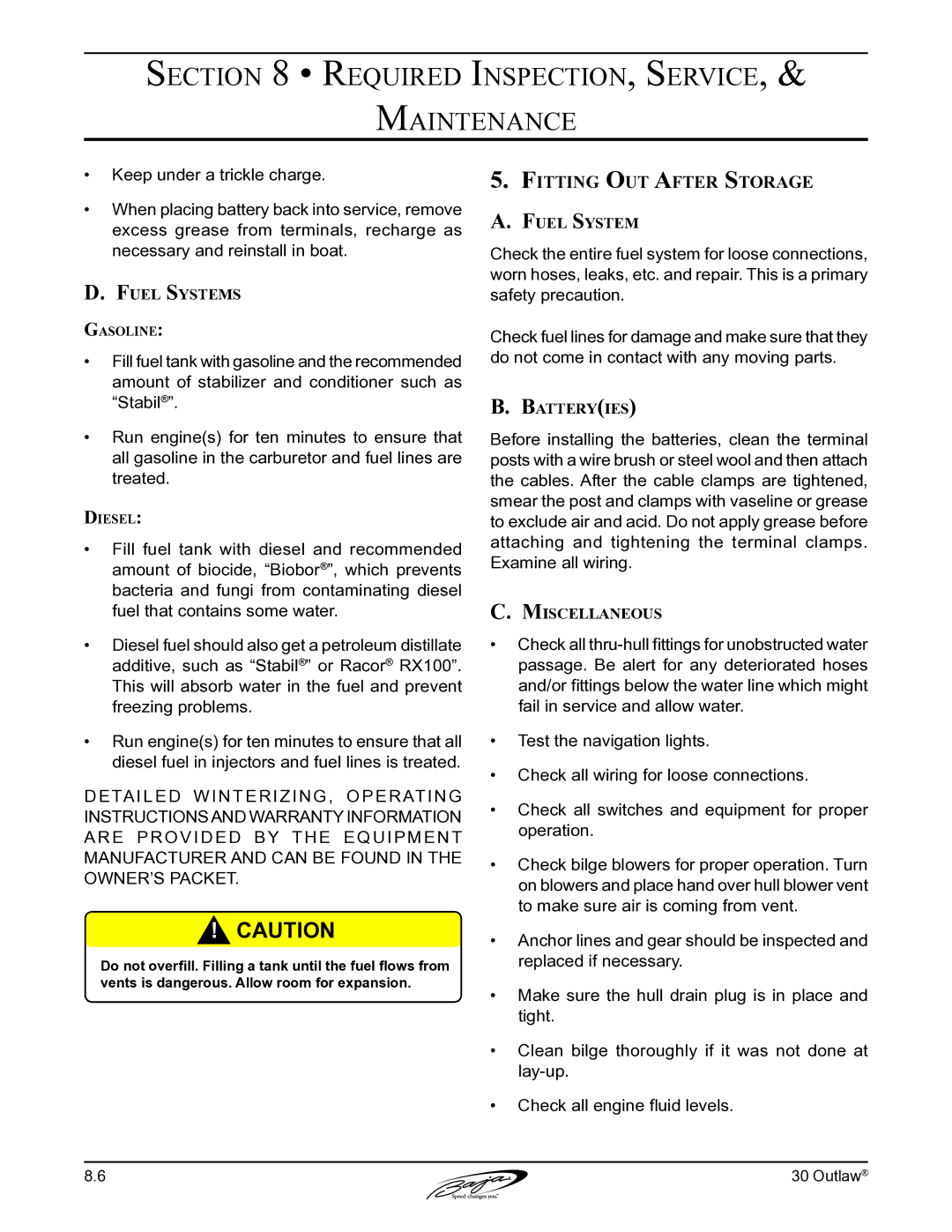 Baja Marine 30 manual Fitting Out After Storage, Fuel Systems, Miscellaneous 