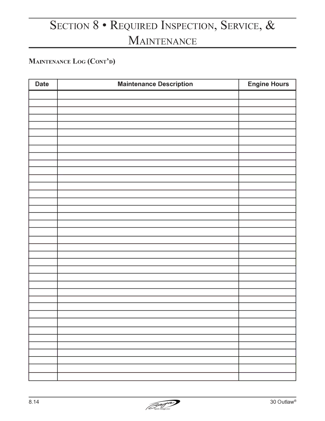 Baja Marine 30 manual Maintenance Log Cont’d 