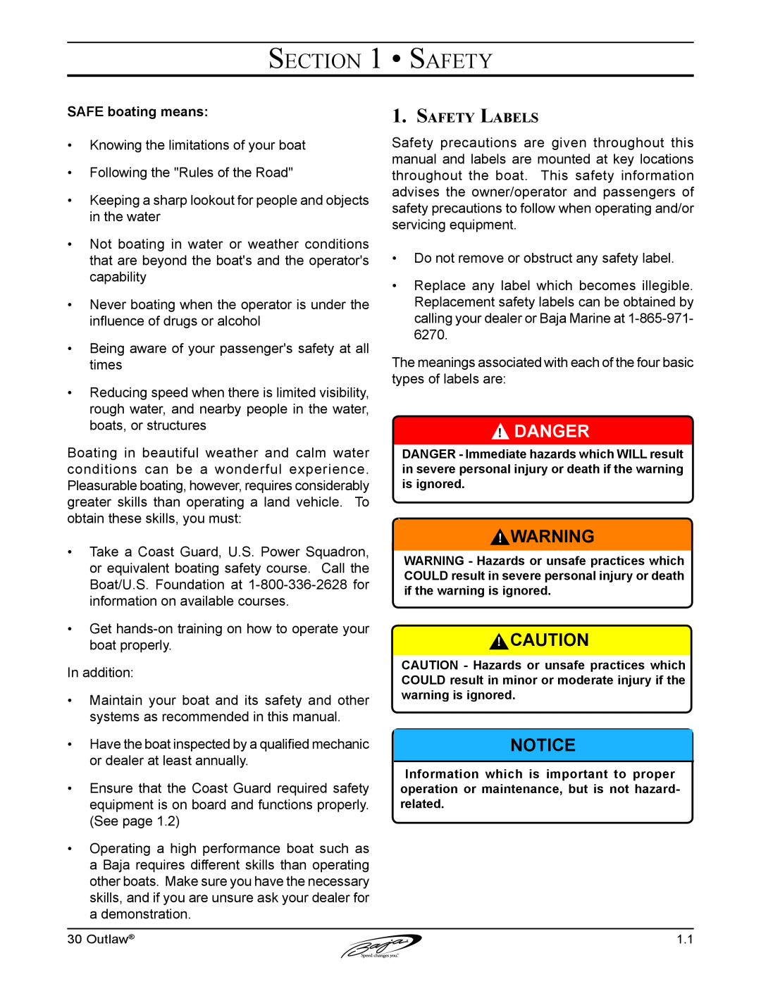 Baja Marine 30 manual Danger, SAFE boating means, Safety Labels 