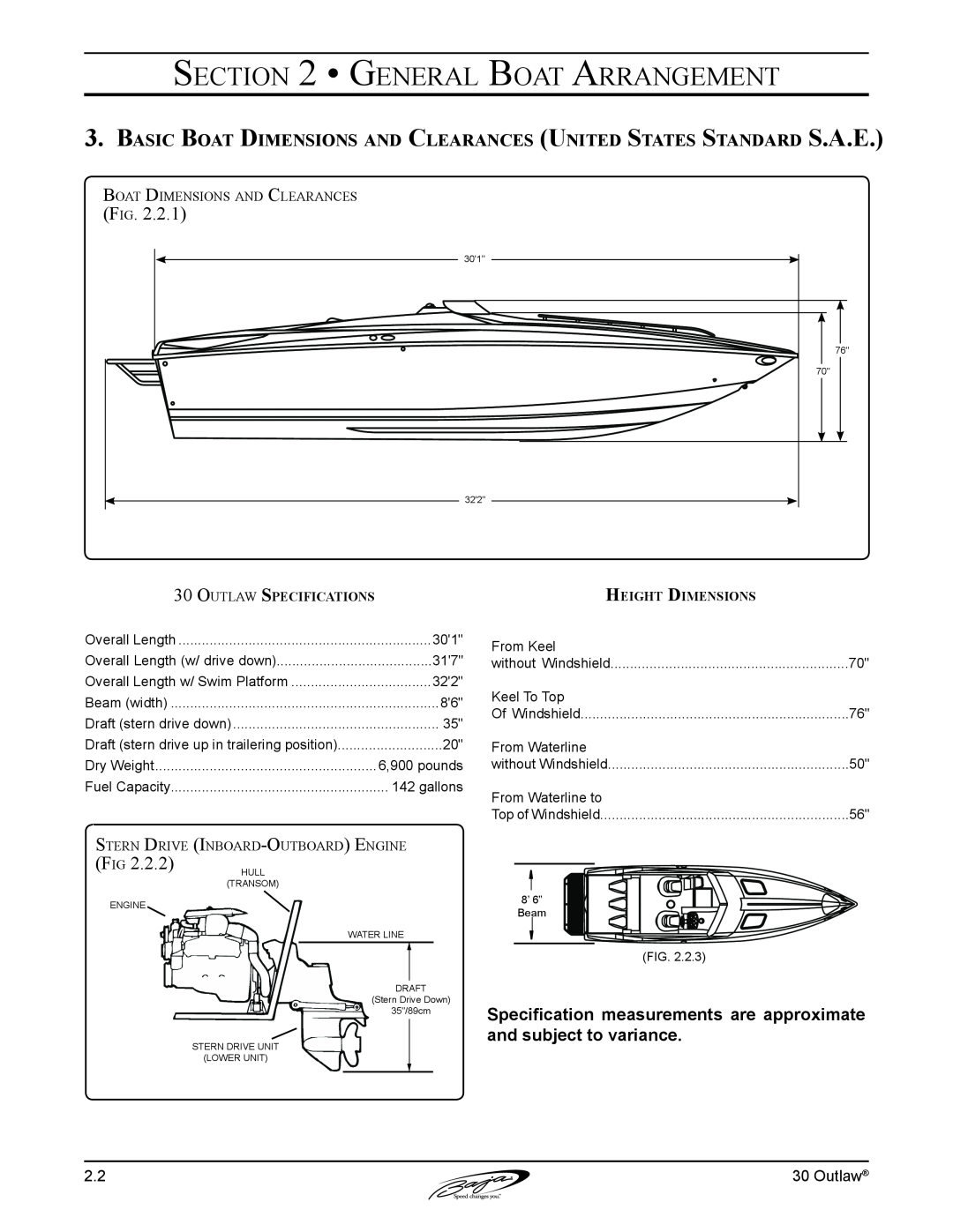 Baja Marine 30 manual General Boat Arrangement, 2.2 HULL, Basic Boat Dimensions and Clearances United States Standard S.A.E 