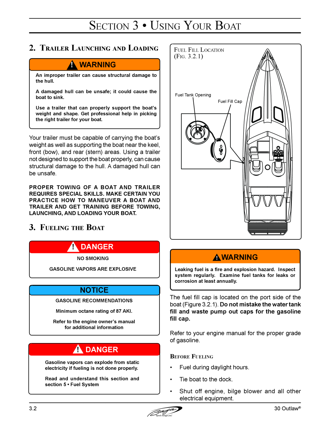 Baja Marine 30 manual Danger, Using Your Boat, Trailer Launching and Loading, Fueling the Boat 