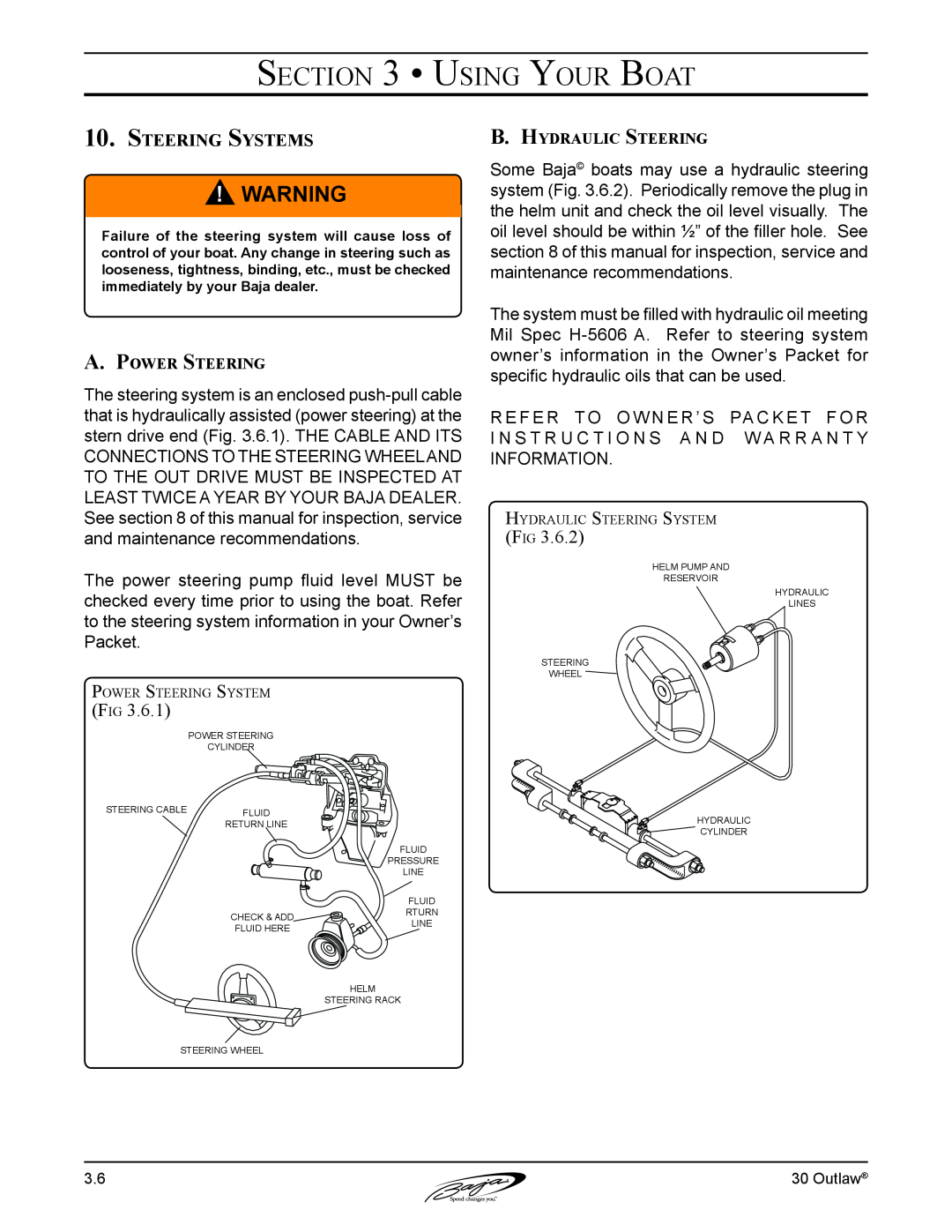 Baja Marine 30 manual Using Your Boat, Steering Systems, A. Power Steering, B. Hydraulic Steering 