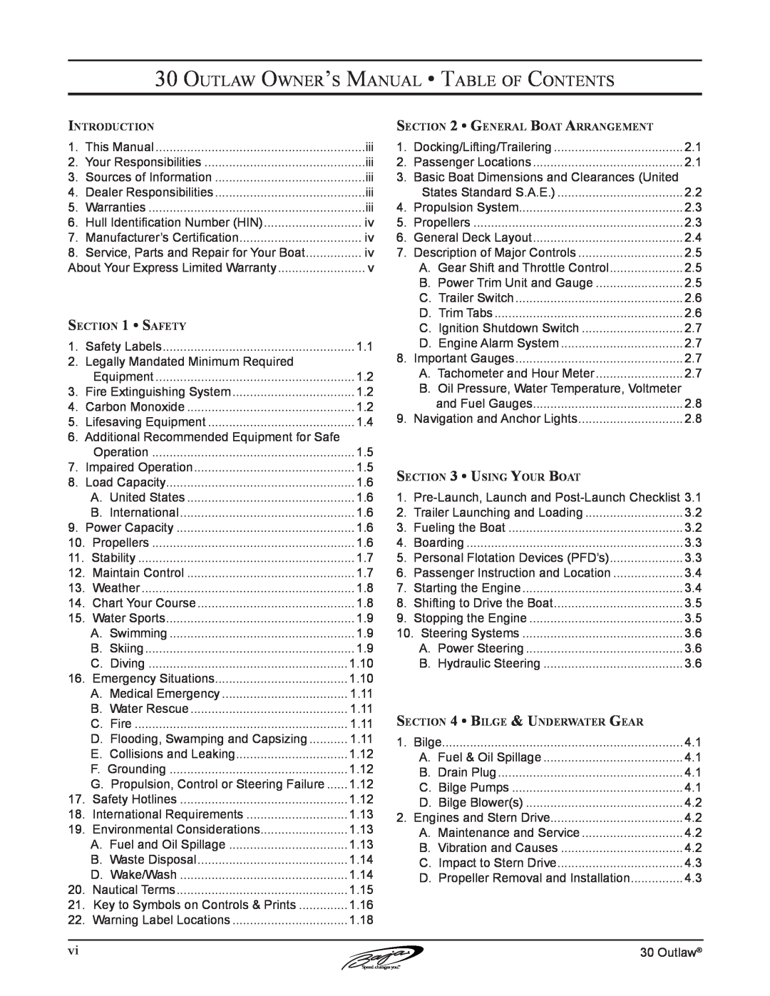 Baja Marine 30 Outlaw Owner’s Manual Table of Contents, Introduction, Safety, General Boat Arrangement, Using Your Boat 