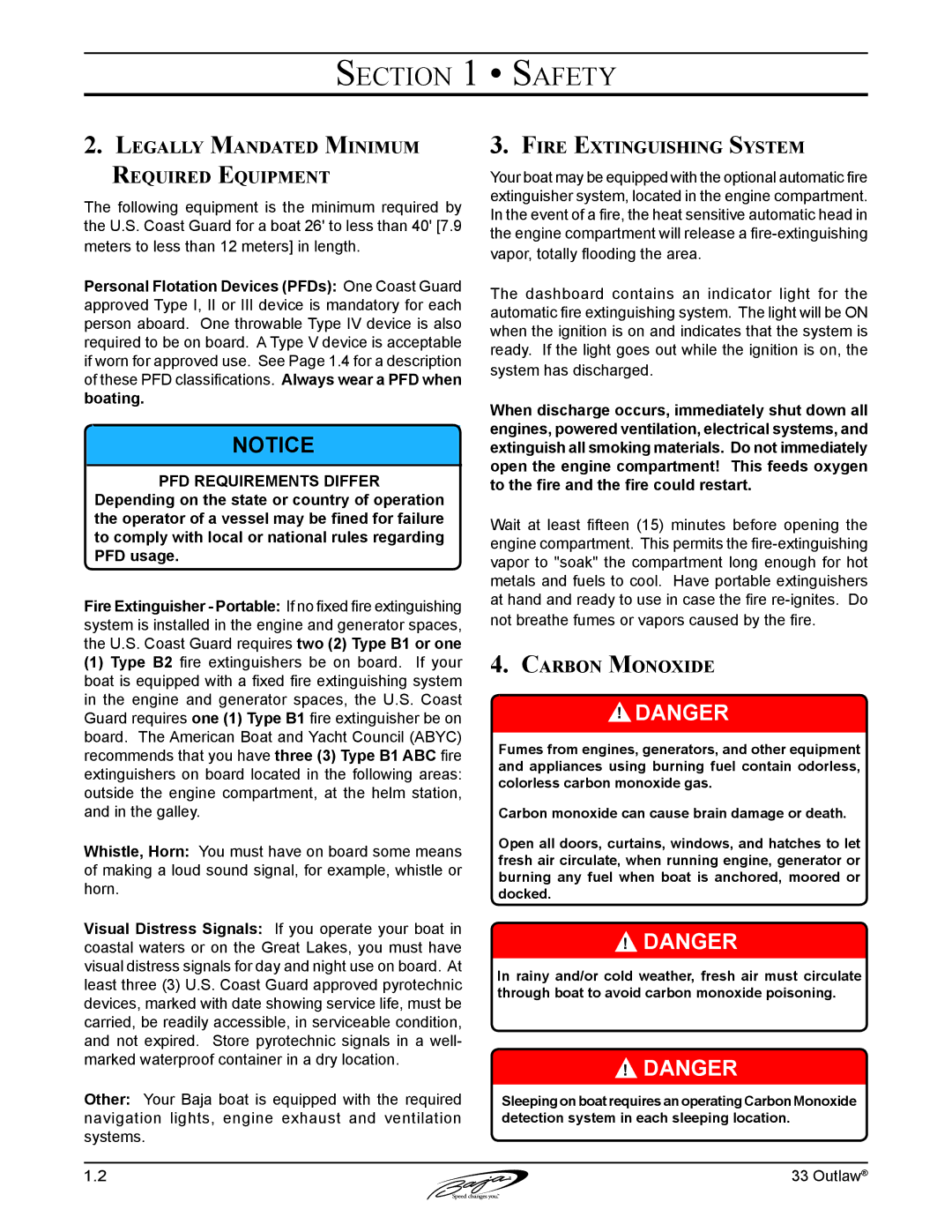 Baja Marine 33 manual Legally Mandated Minimum Required Equipment, Fire Extinguishing System, Carbon Monoxide 