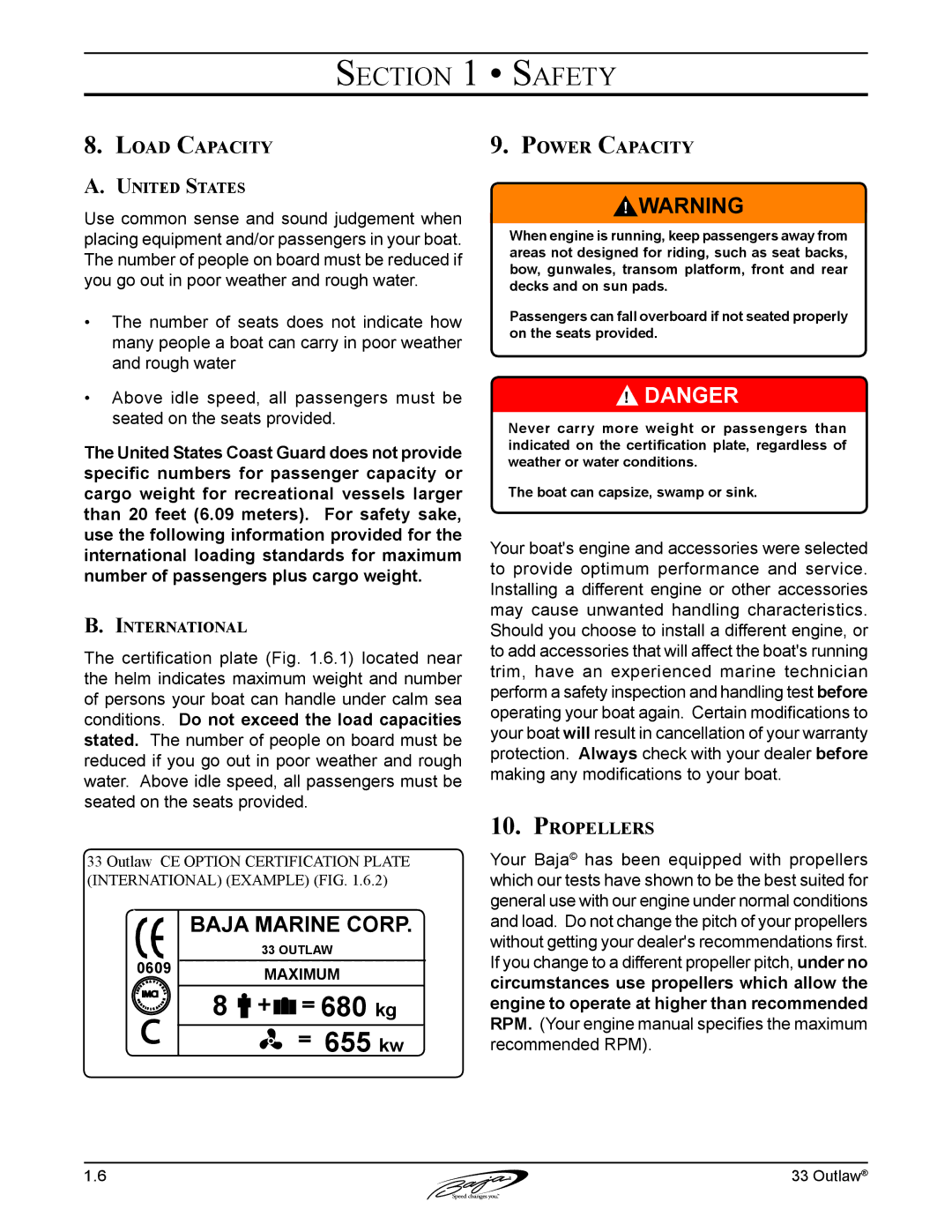Baja Marine 33 manual Load Capacity, Power Capacity, Propellers, United States, International 