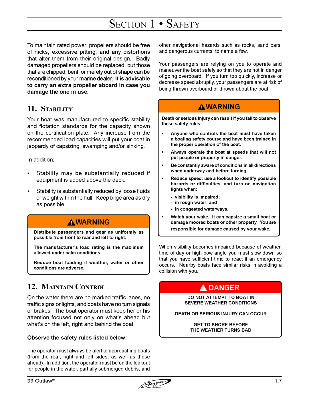 Baja Marine 33 manual Stability, Maintain Control, Observe the safety rules listed below 