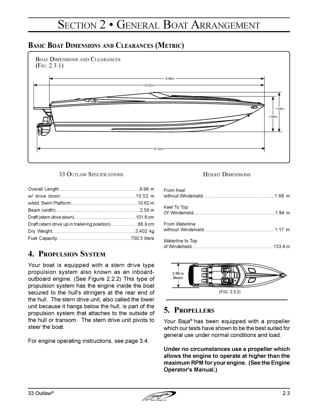 Baja Marine 33 manual Basic Boat Dimensions and Clearances Metric, Propulsion System 