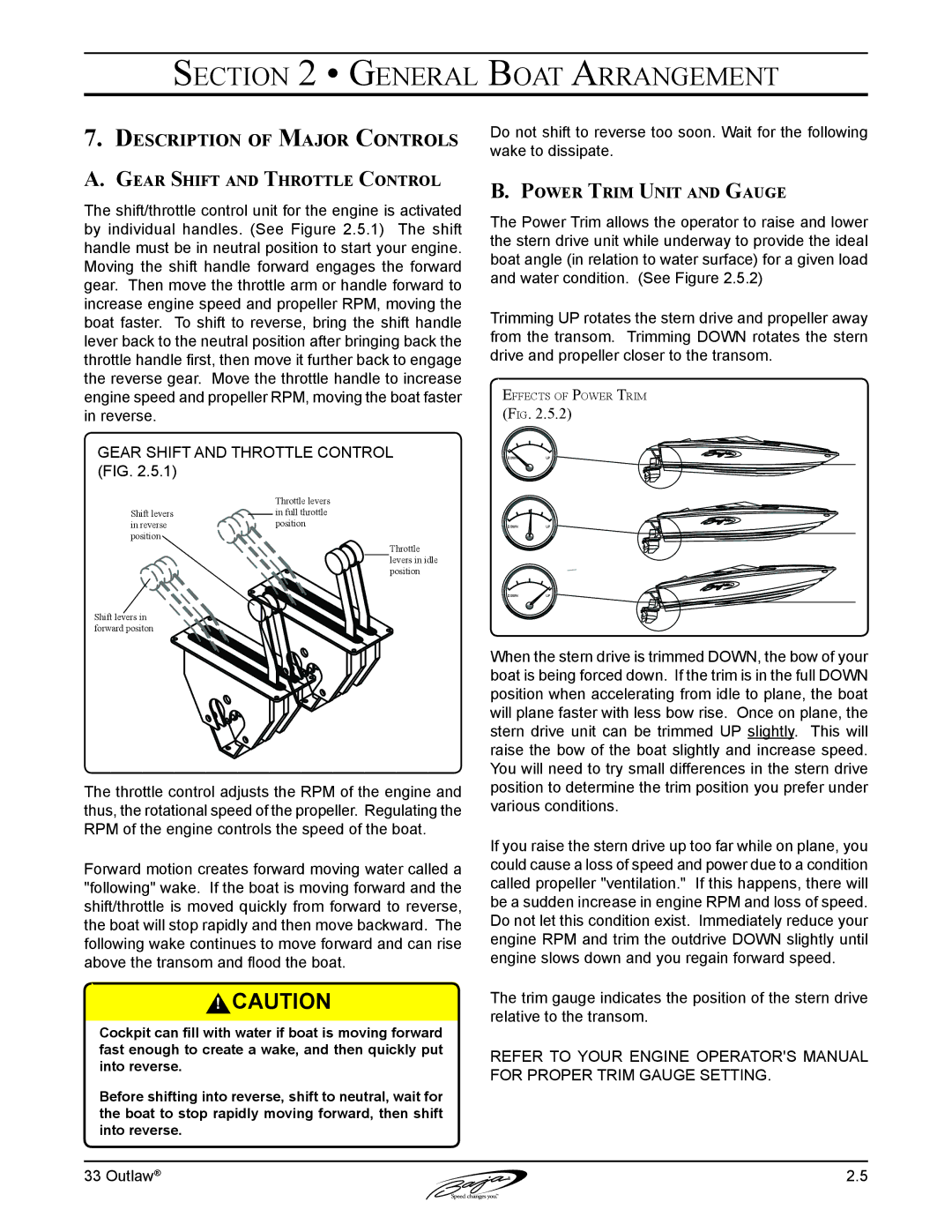 Baja Marine 33 manual Description of Major Controls, Gear Shift and Throttle Control, Power Trim Unit and Gauge 