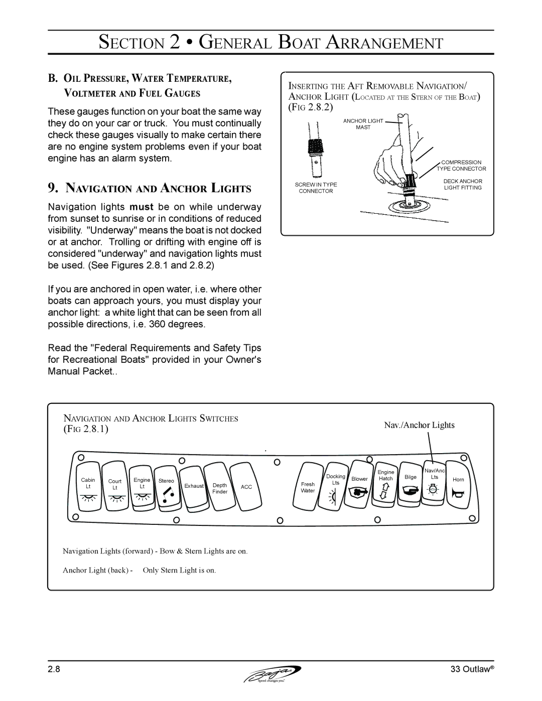 Baja Marine 33 manual Navigation and Anchor Lights, Oil Pressure, Water Temperature, Voltmeter and Fuel Gauges 