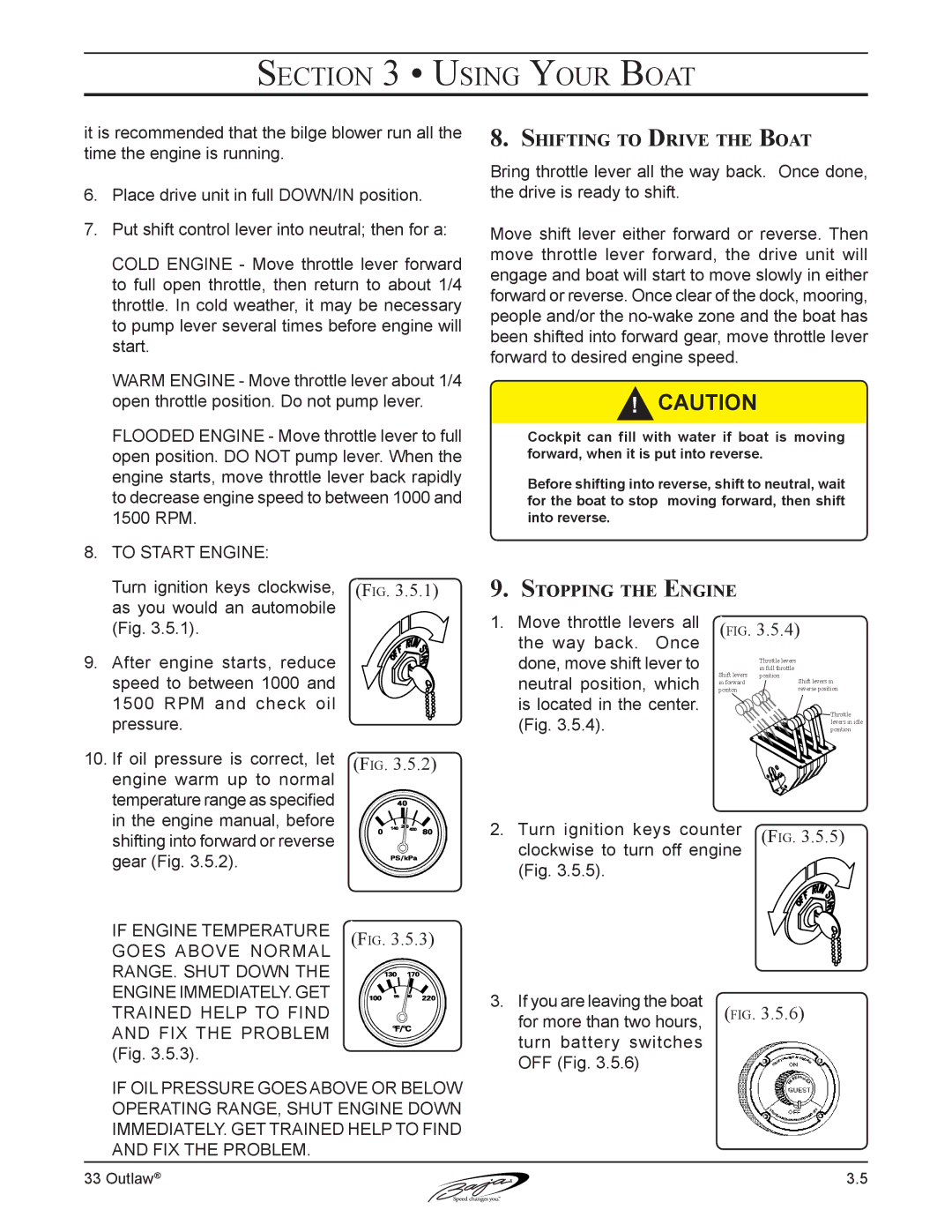 Baja Marine 33 manual Shifting to Drive the Boat, Stopping the Engine 