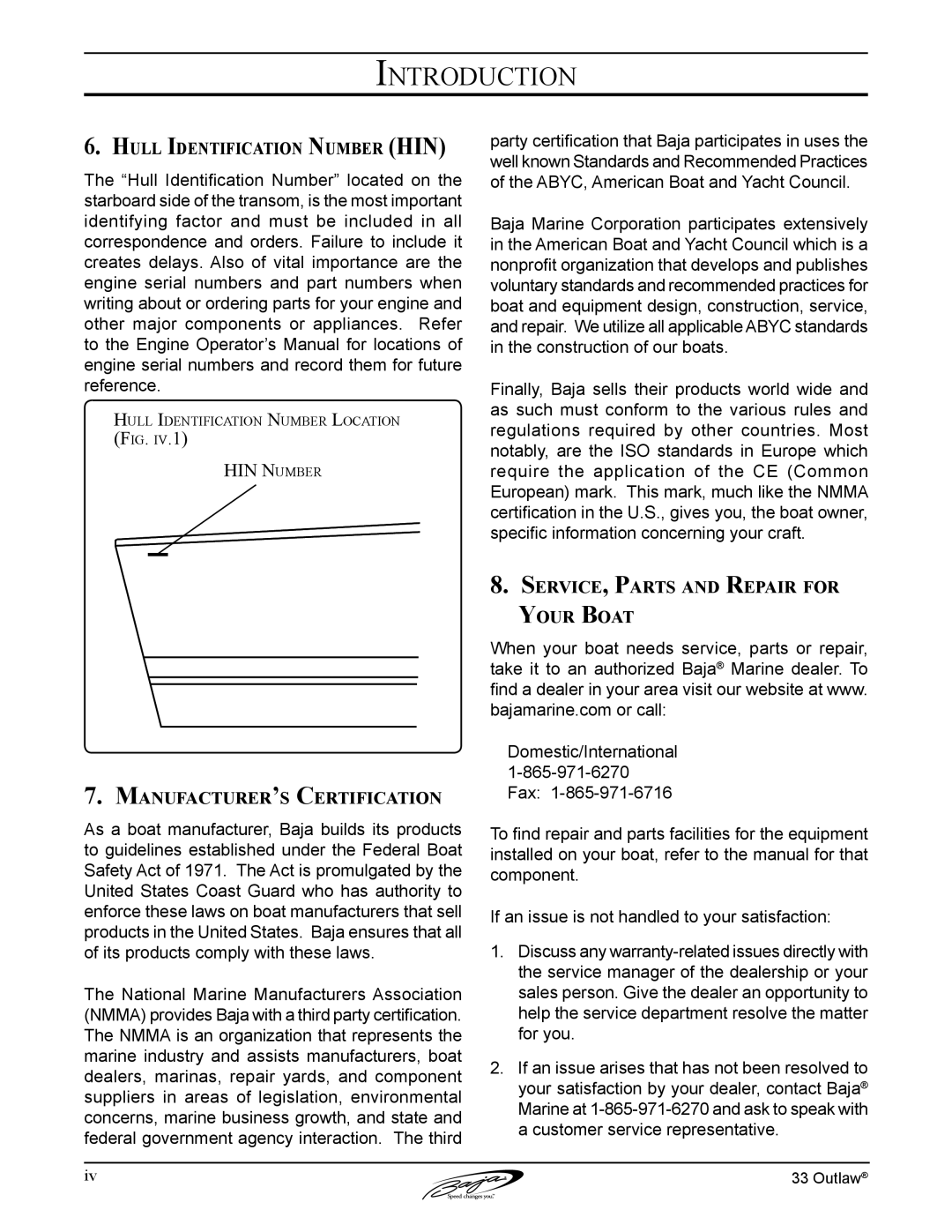 Baja Marine 33 manual Hull Identification Number HIN, Manufacturer’s Certification, Service, Parts and Repair for Your Boat 