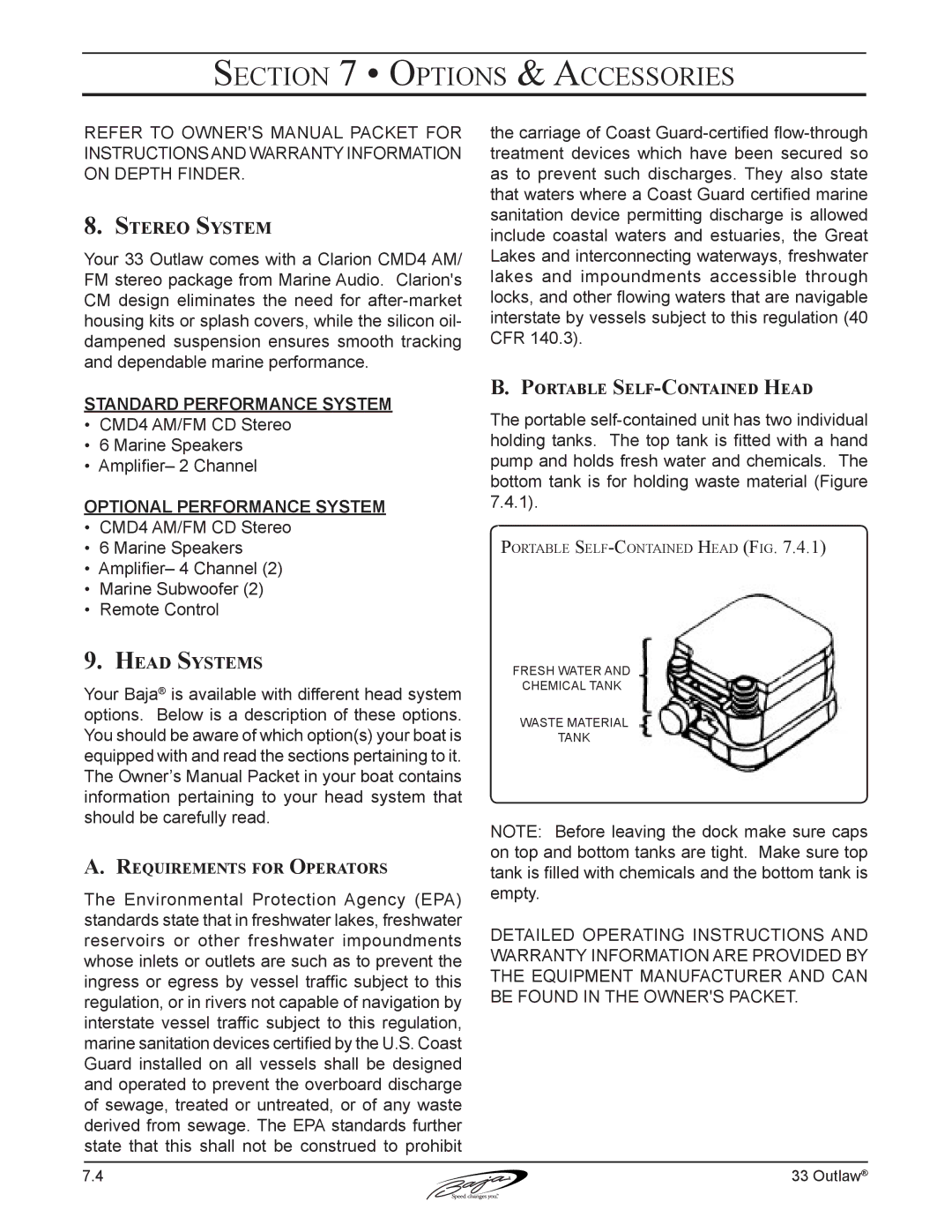 Baja Marine 33 manual Stereo System, Standard performance system, Optional performance system, Head Systems 