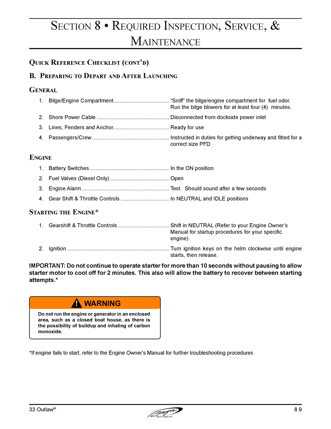Baja Marine 33 manual Starting the Engine 