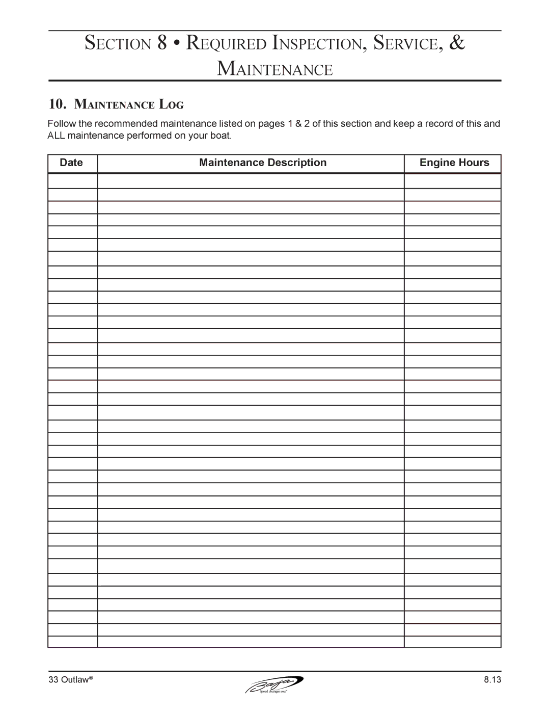 Baja Marine 33 manual Maintenance Log 