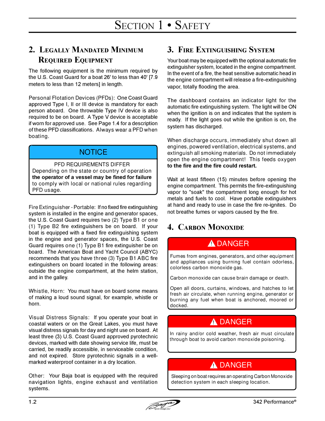 Baja Marine 342 manual Legally Mandated Minimum Required Equipment, Fire Extinguishing System, Carbon Monoxide 