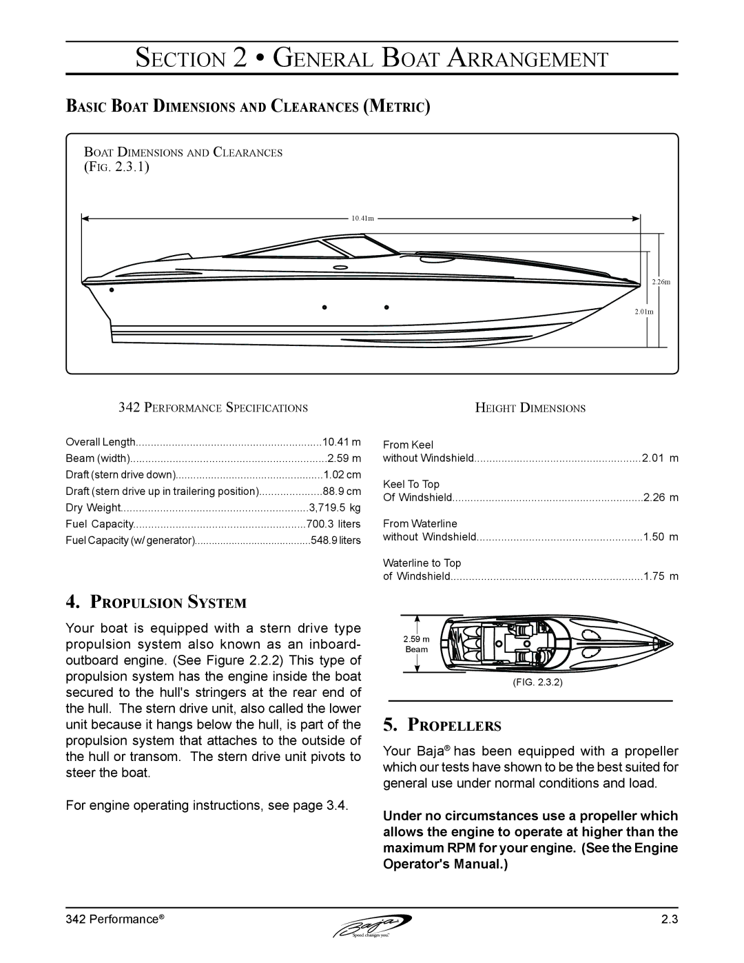 Baja Marine 342 manual Basic Boat Dimensions and Clearances Metric, Propulsion System 