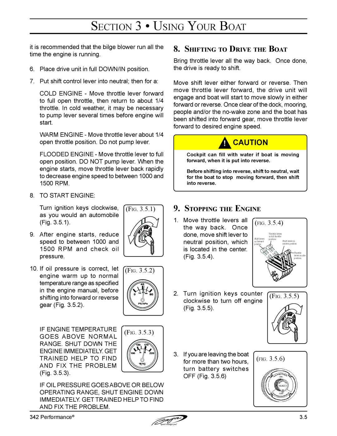 Baja Marine 342 manual Shifting to Drive the Boat, Stopping the Engine 