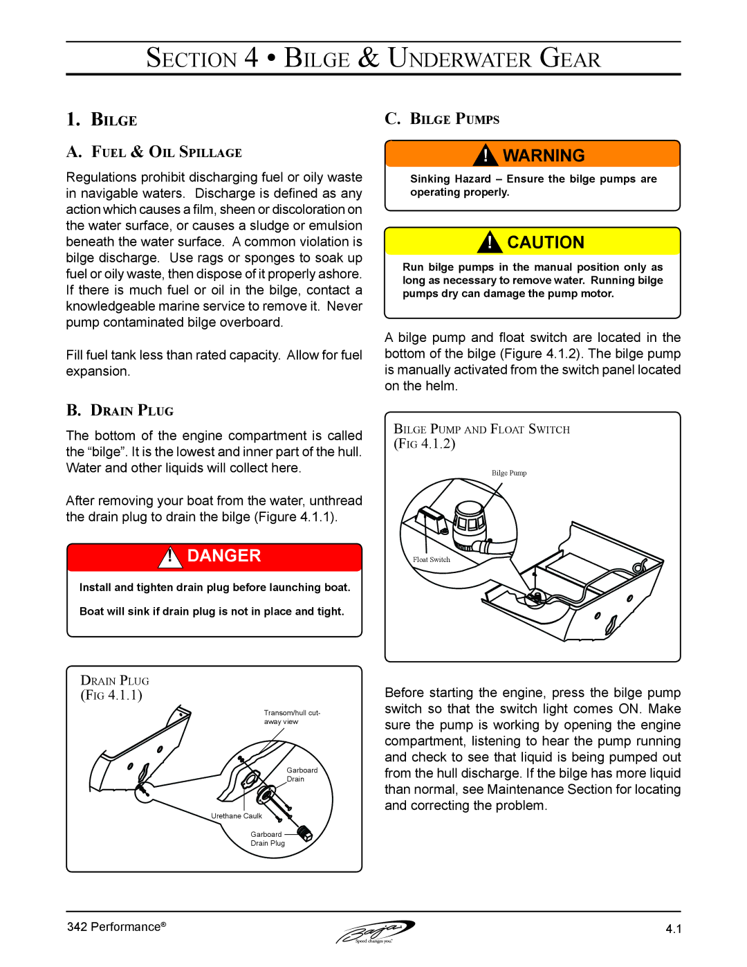 Baja Marine 342 manual Bilge & Underwater Gear, Fuel & Oil Spillage, Drain Plug, Bilge Pumps 