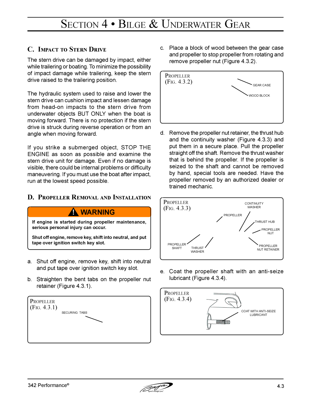 Baja Marine 342 manual Impact to Stern Drive, Propeller Removal and Installation 