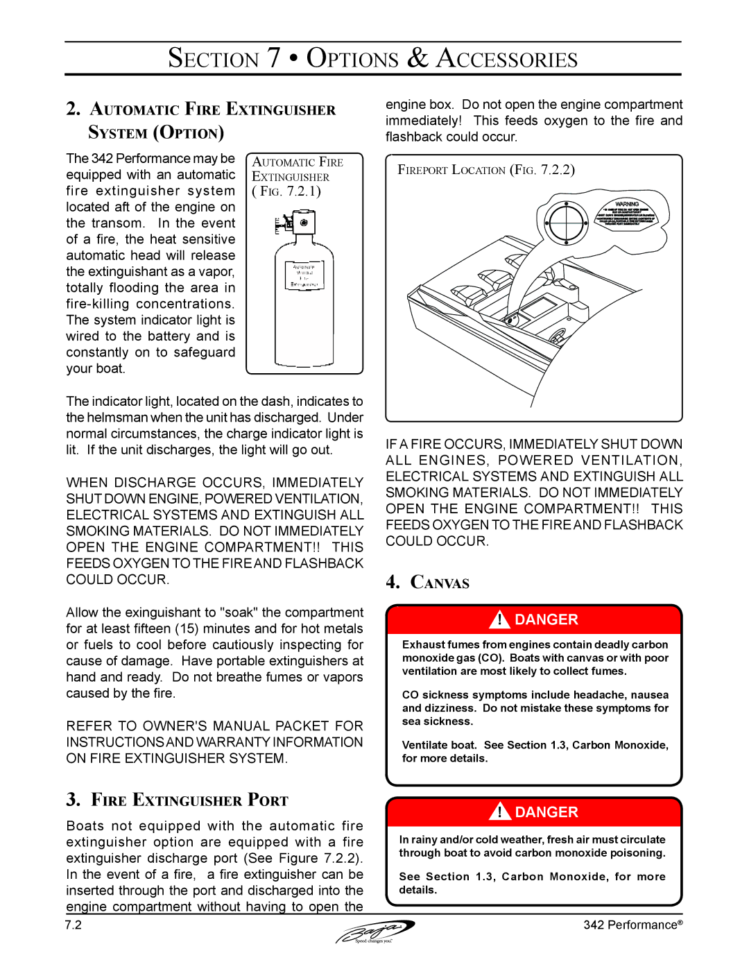 Baja Marine 342 manual Automatic Fire Extinguisher System Option, Fire Extinguisher Port, Canvas 