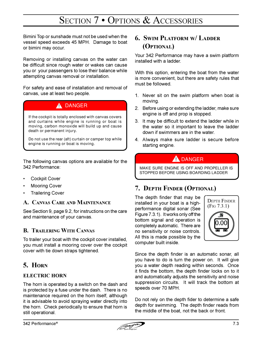 Baja Marine 342 manual Swim Platform w/ Ladder Optional, Depth Finder Optional, Horn, Canvas Care and Maintenance 