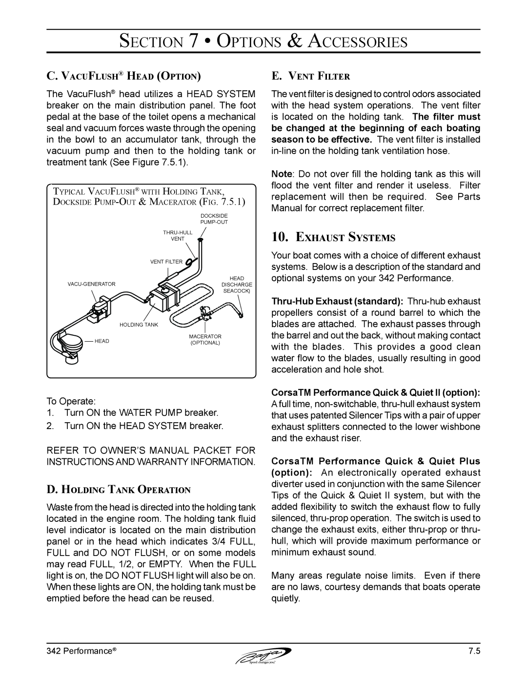 Baja Marine 342 manual Exhaust Systems, VacuFlush Head Option, Holding Tank Operation, Vent Filter 