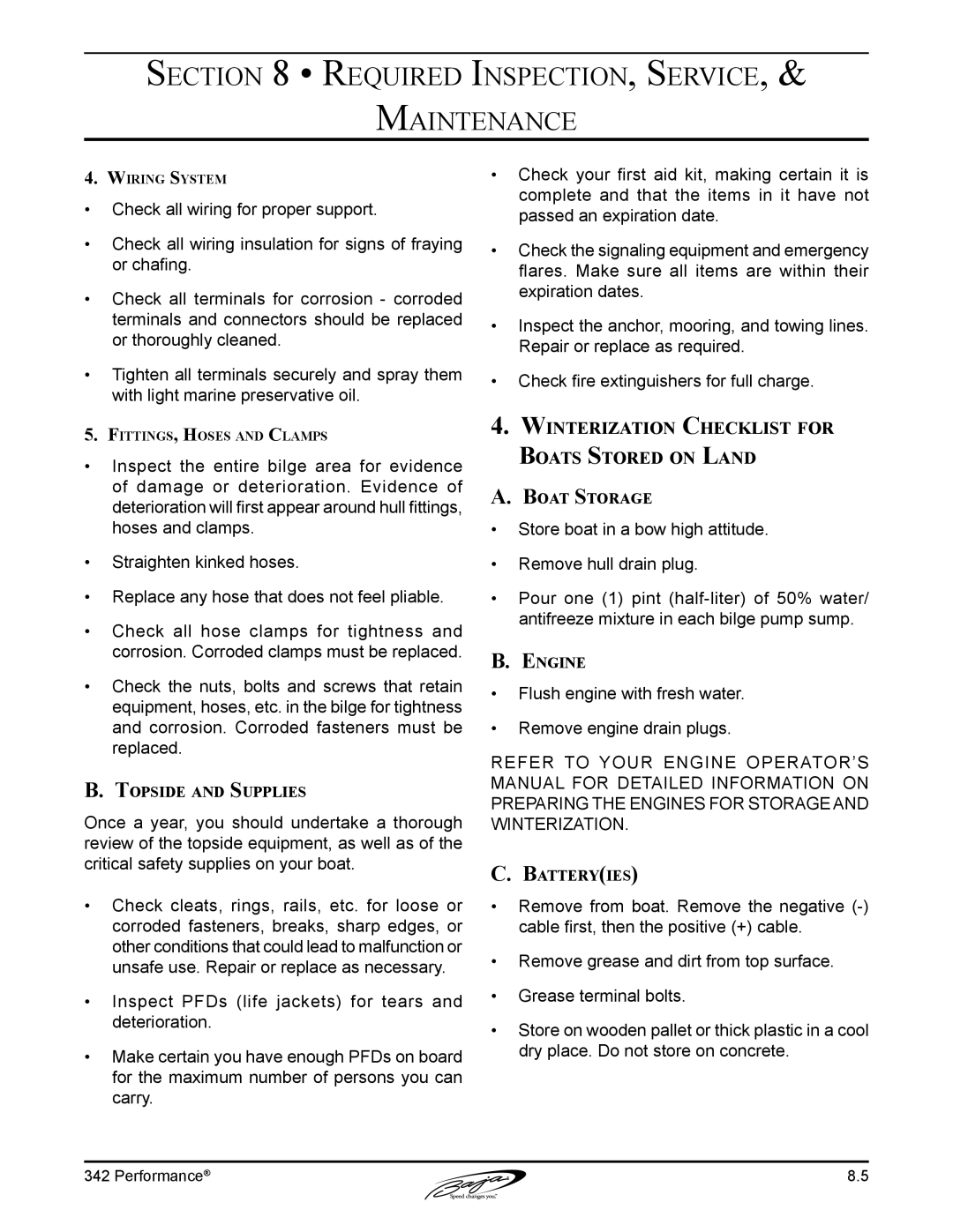 Baja Marine 342 Winterization Checklist for Boats Stored on Land, Topside and Supplies, Boat Storage, Engine, Batteryies 