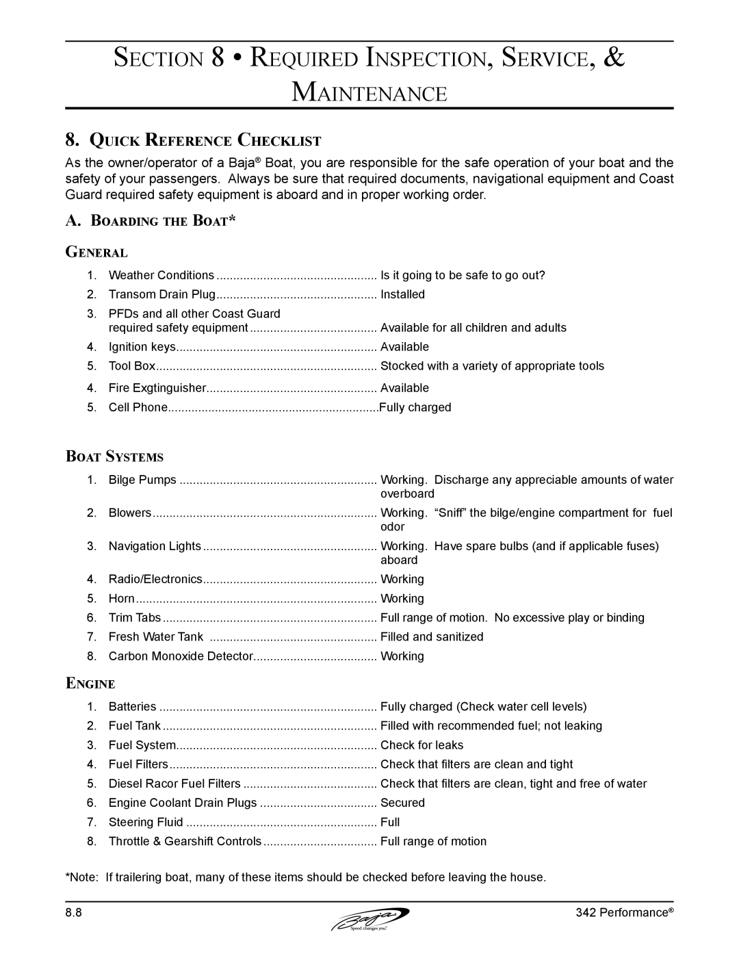 Baja Marine 342 manual Quick Reference Checklist, Boarding the Boat General, Boat Systems 