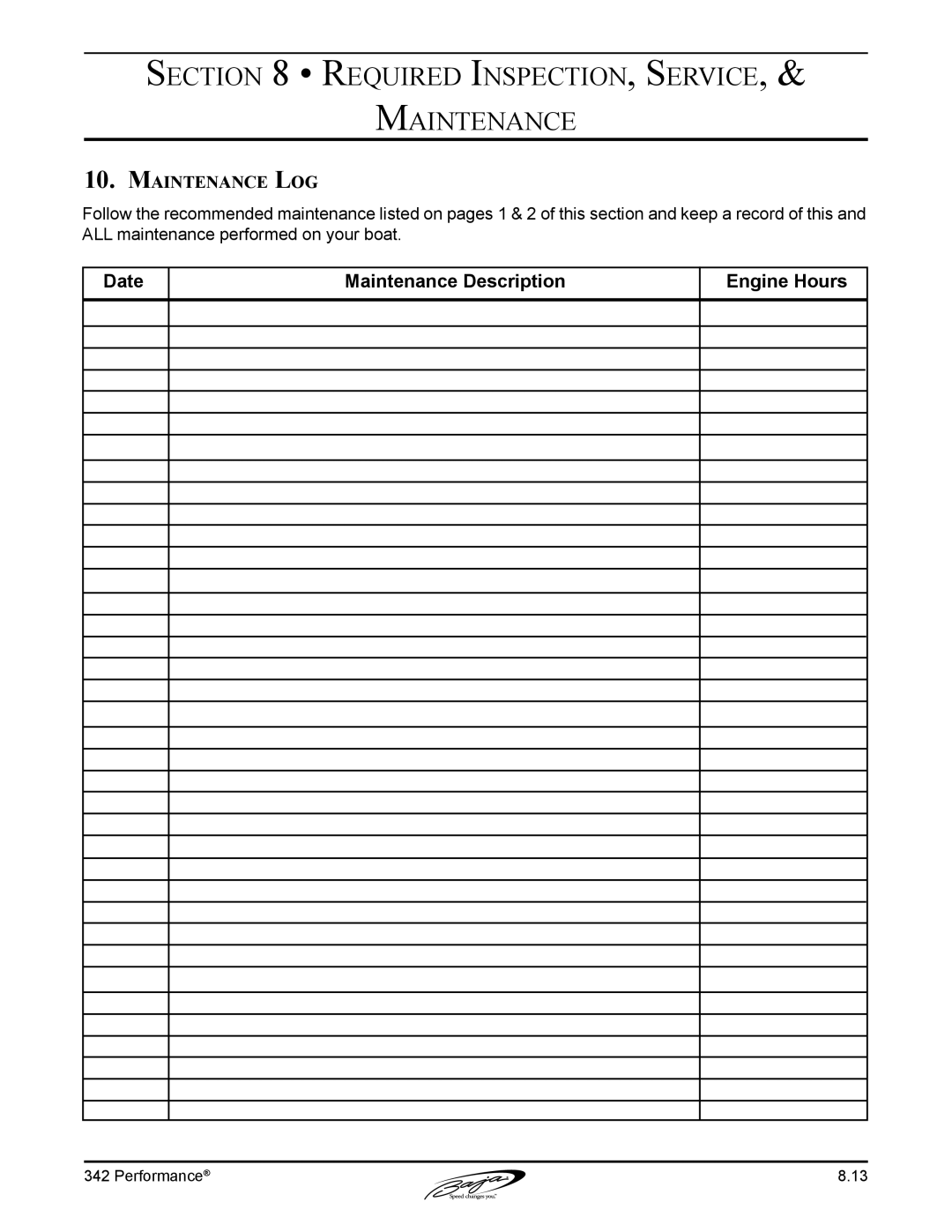 Baja Marine 342 manual Maintenance Log 